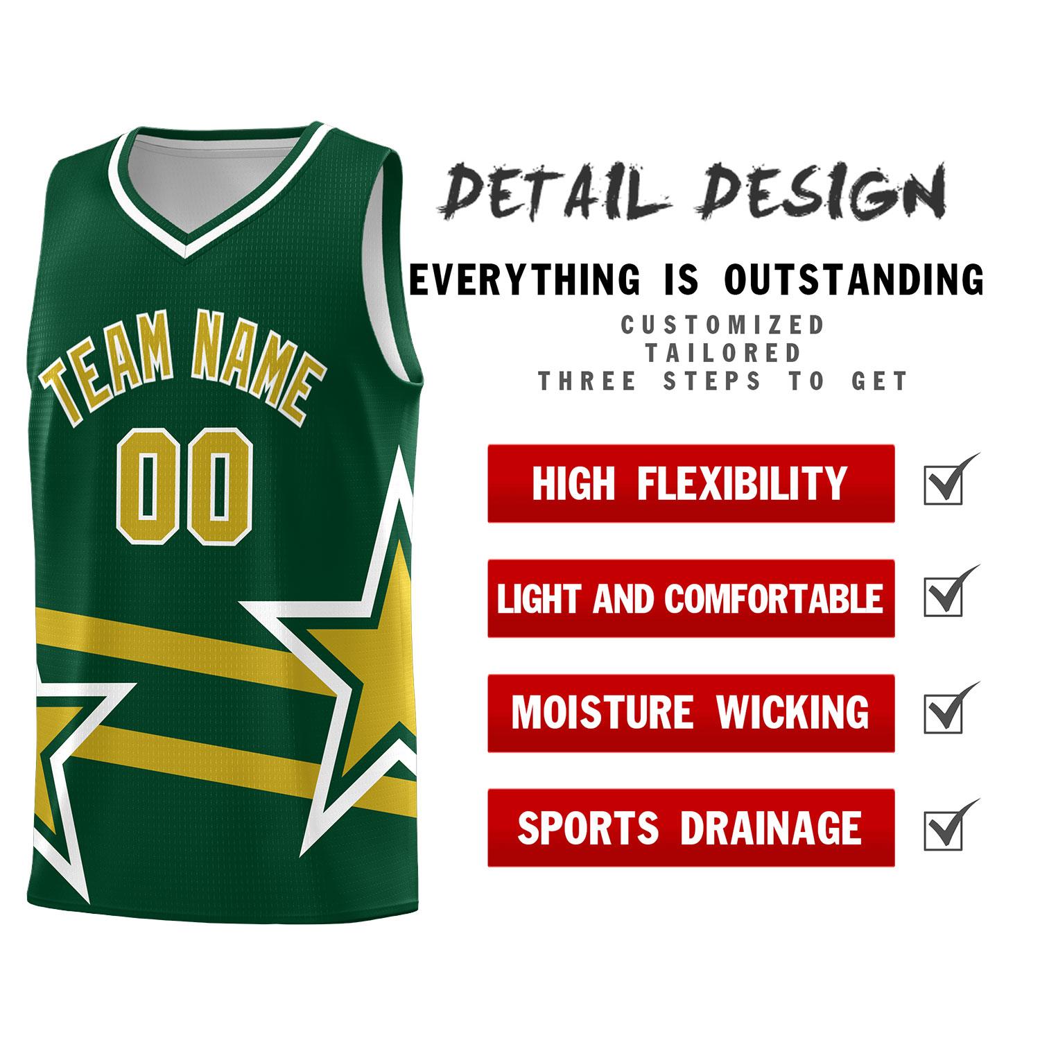 Custom Green Basketball Kits With Old Gold Star Pattern And Double Lines