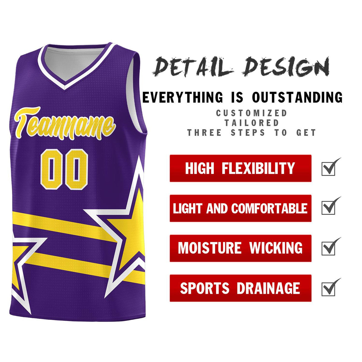 Custom Purple Basketball Kits With Gold Star Pattern And Double Lines