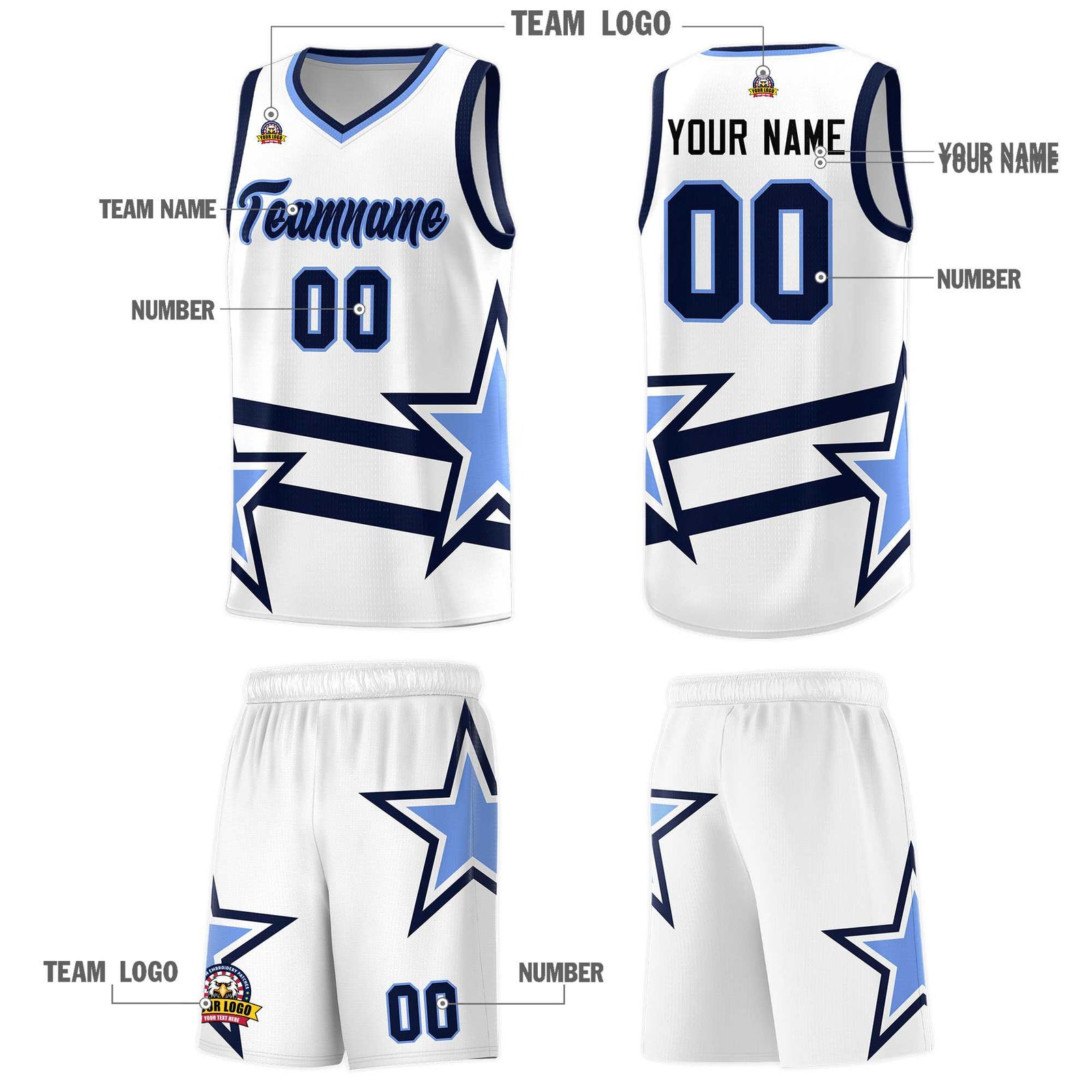 Custom White Basketball Kits With Light Blue Star Pattern And Double Lines