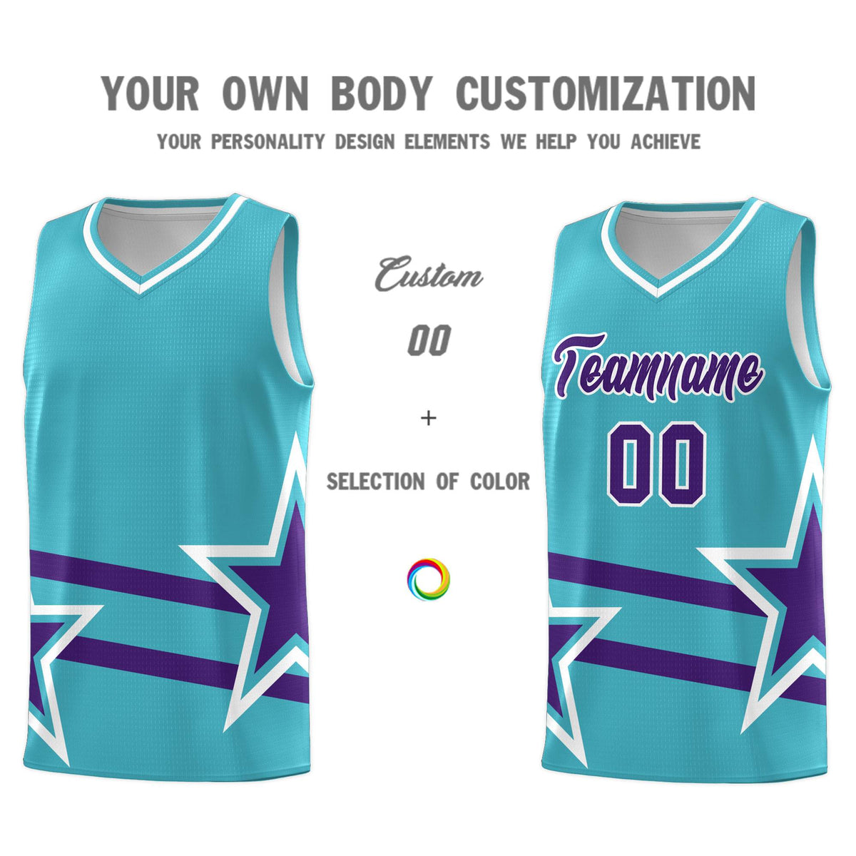 Custom Sky Blue Basketball Kits With Purple Star Pattern And Double Lines