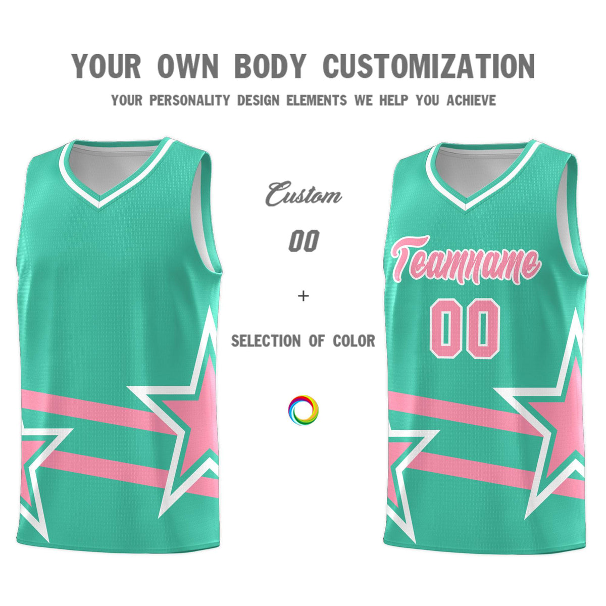 Custom Bright Green Basketball Kits With Light Pink Star Pattern And Double Lines