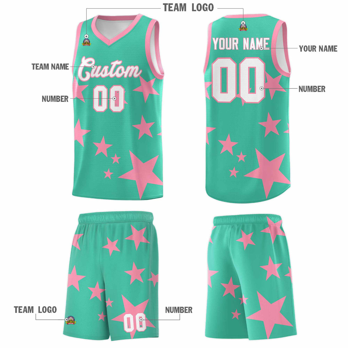 Custom Bright Green Light Pink Graffiti Pattern Star Print Basketball Jersey Sets