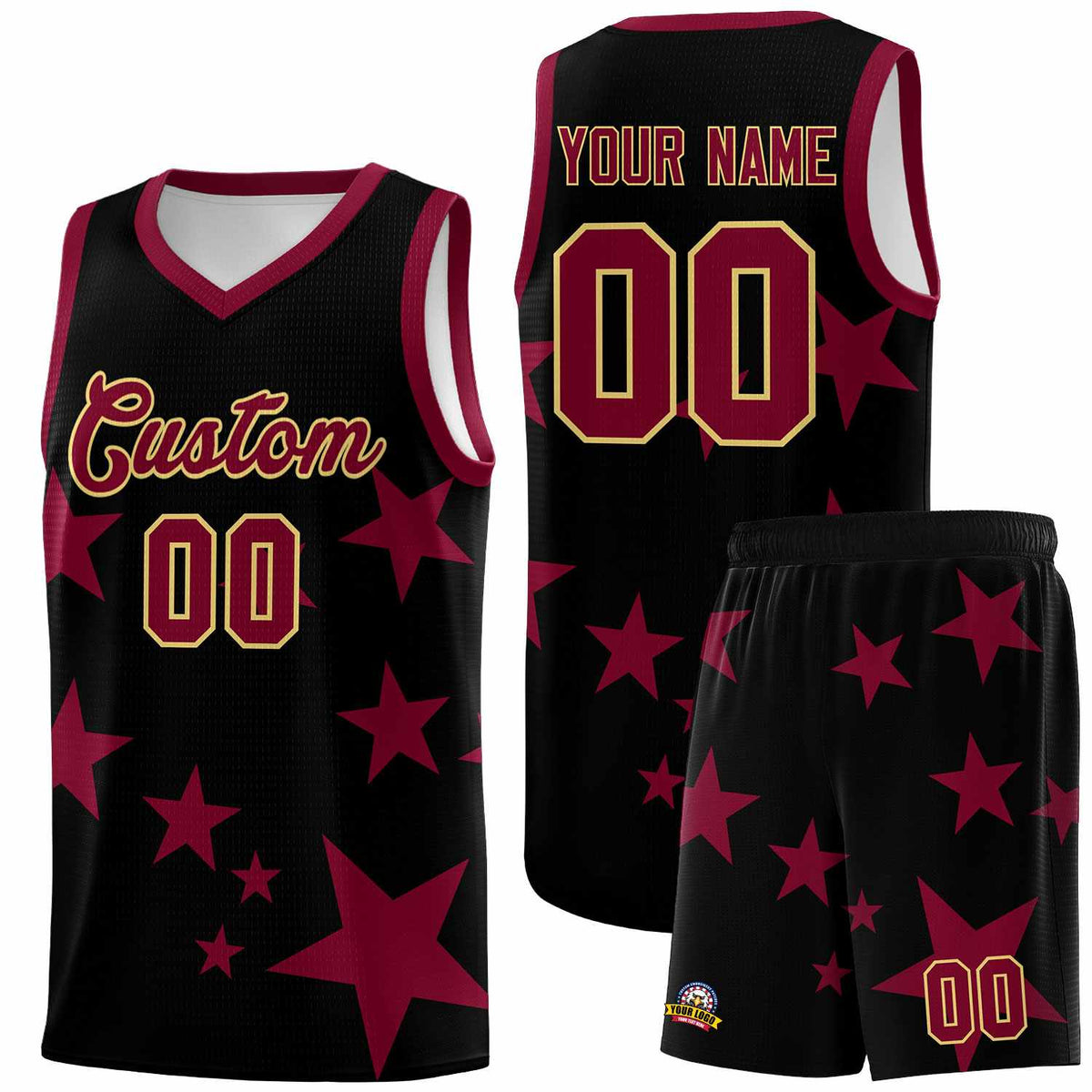 Custom Black Crimson Graffiti Pattern Star Print Basketball Jersey Sets
