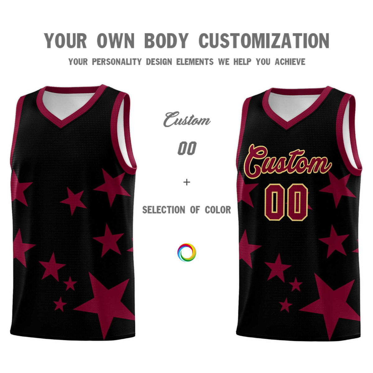 Custom Black Crimson Graffiti Pattern Star Print Basketball Jersey Sets