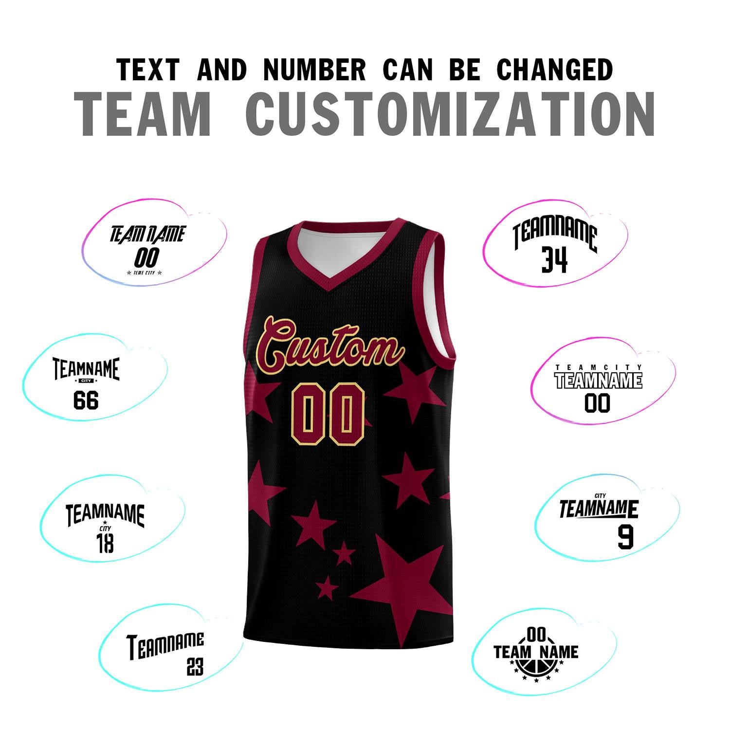 Custom Black Crimson Graffiti Pattern Star Print Basketball Jersey Sets