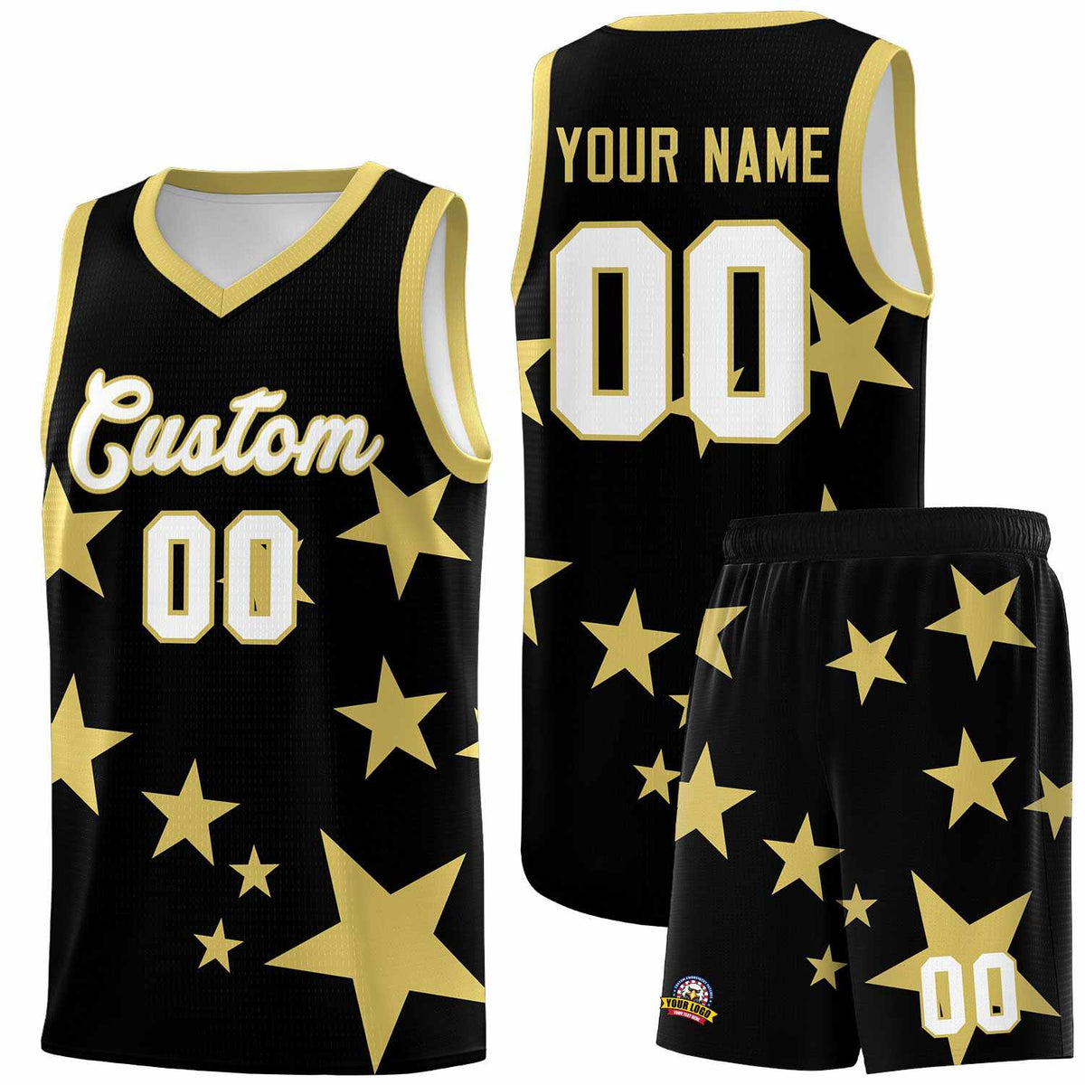 Custom Black Old Gold Graffiti Pattern Star Print Basketball Jersey Sets