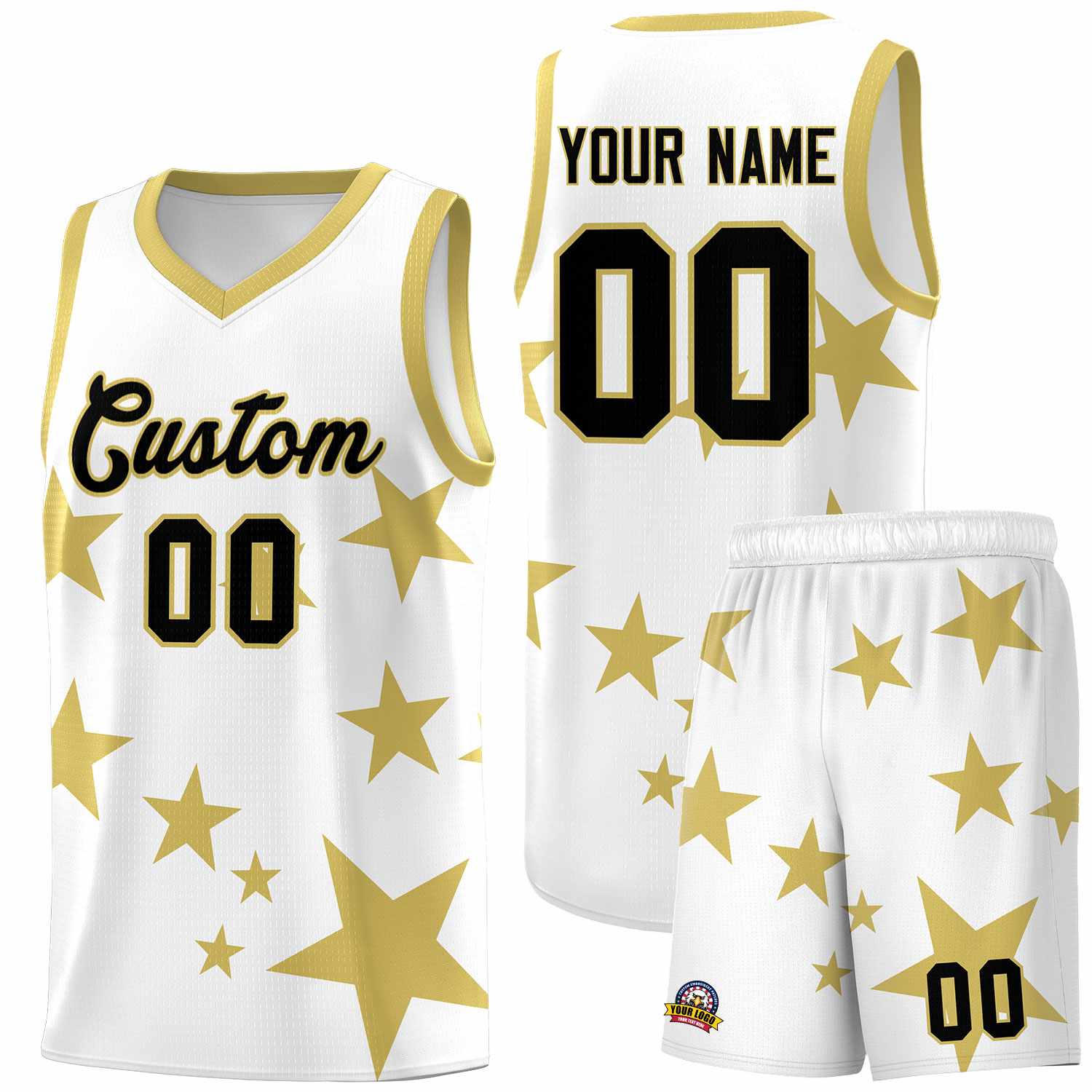 Custom White Old Gold Graffiti Pattern Star Print Basketball Jersey Sets