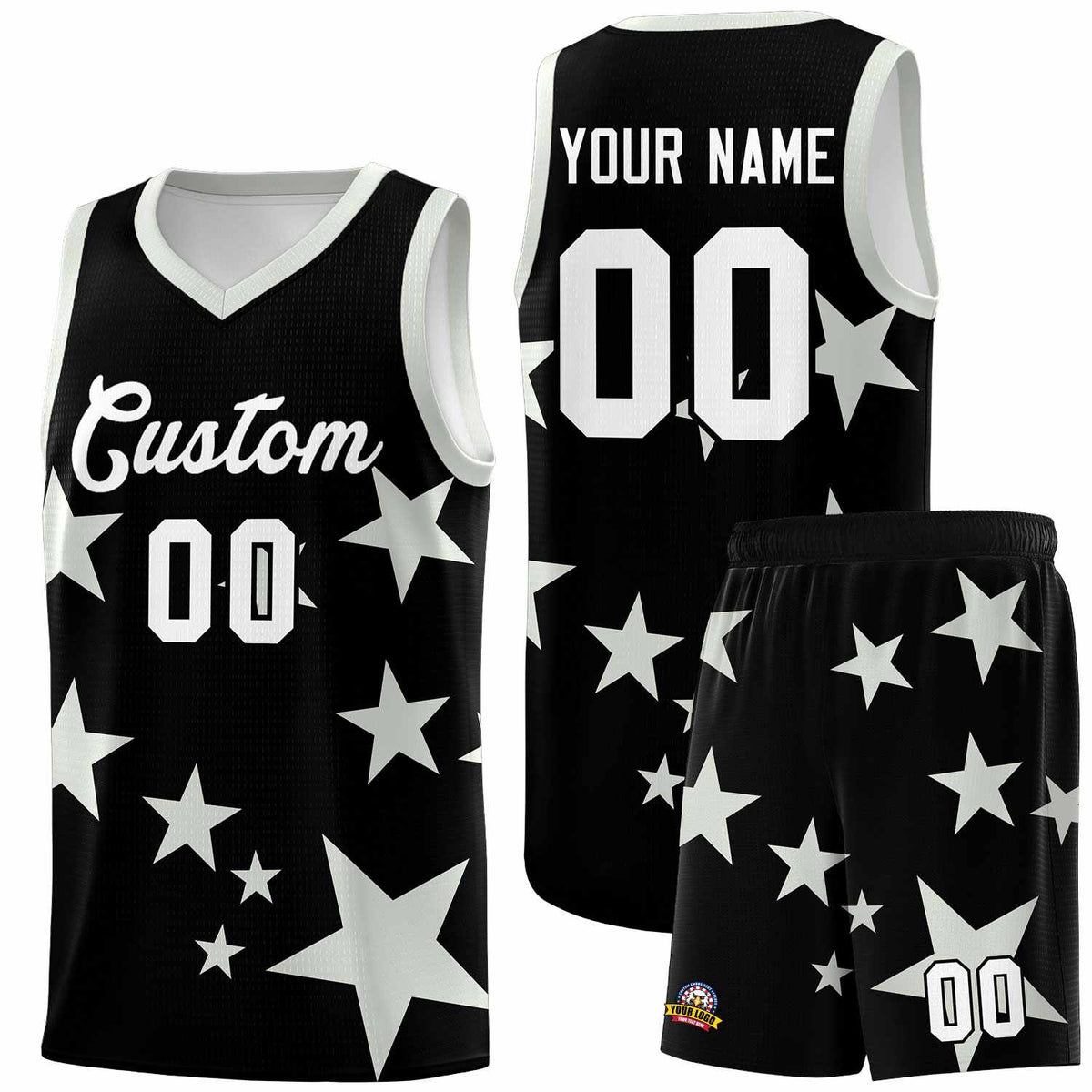 Custom Black Gray Graffiti Pattern Star Print Basketball Jersey Sets
