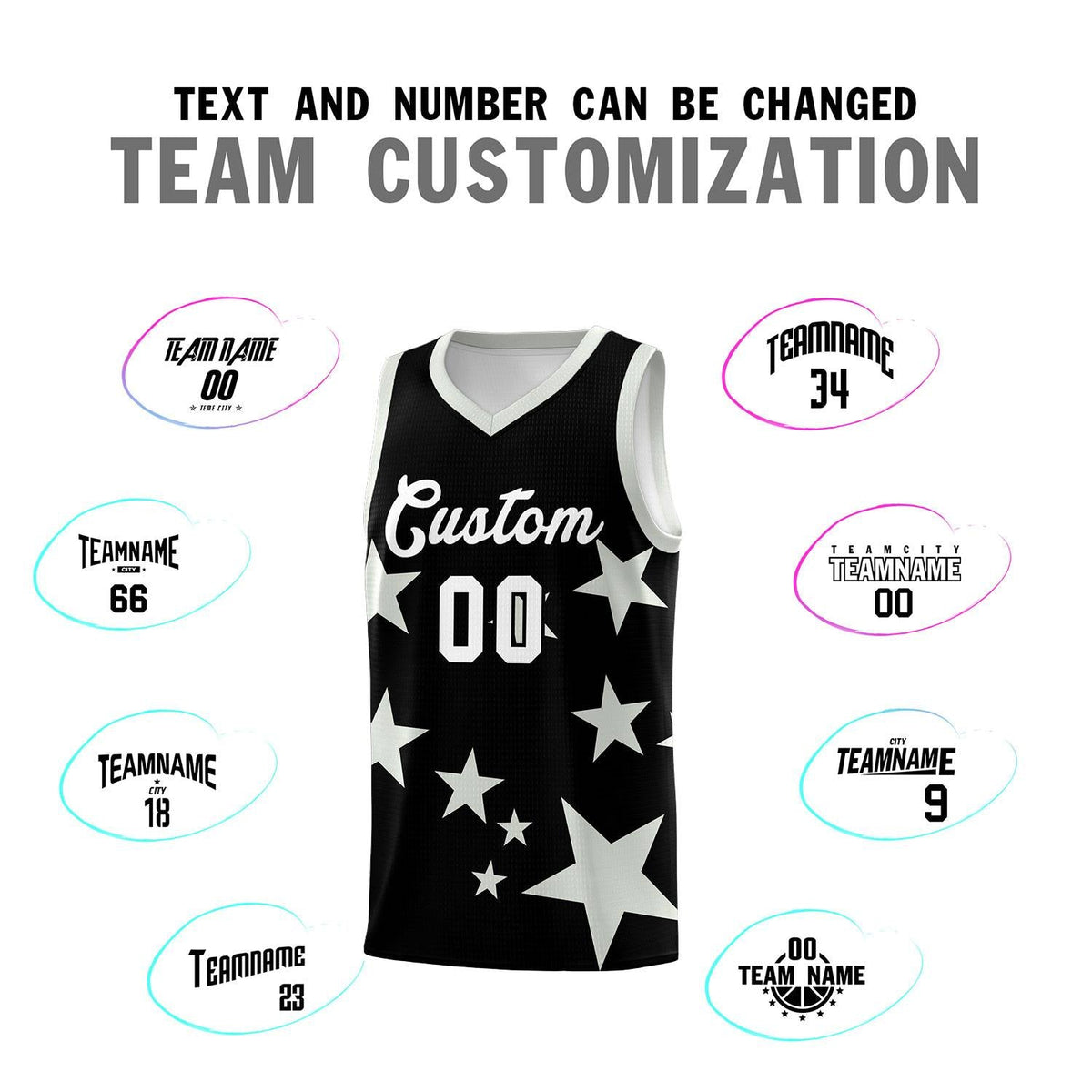 Custom Black Gray Graffiti Pattern Star Print Basketball Jersey Sets