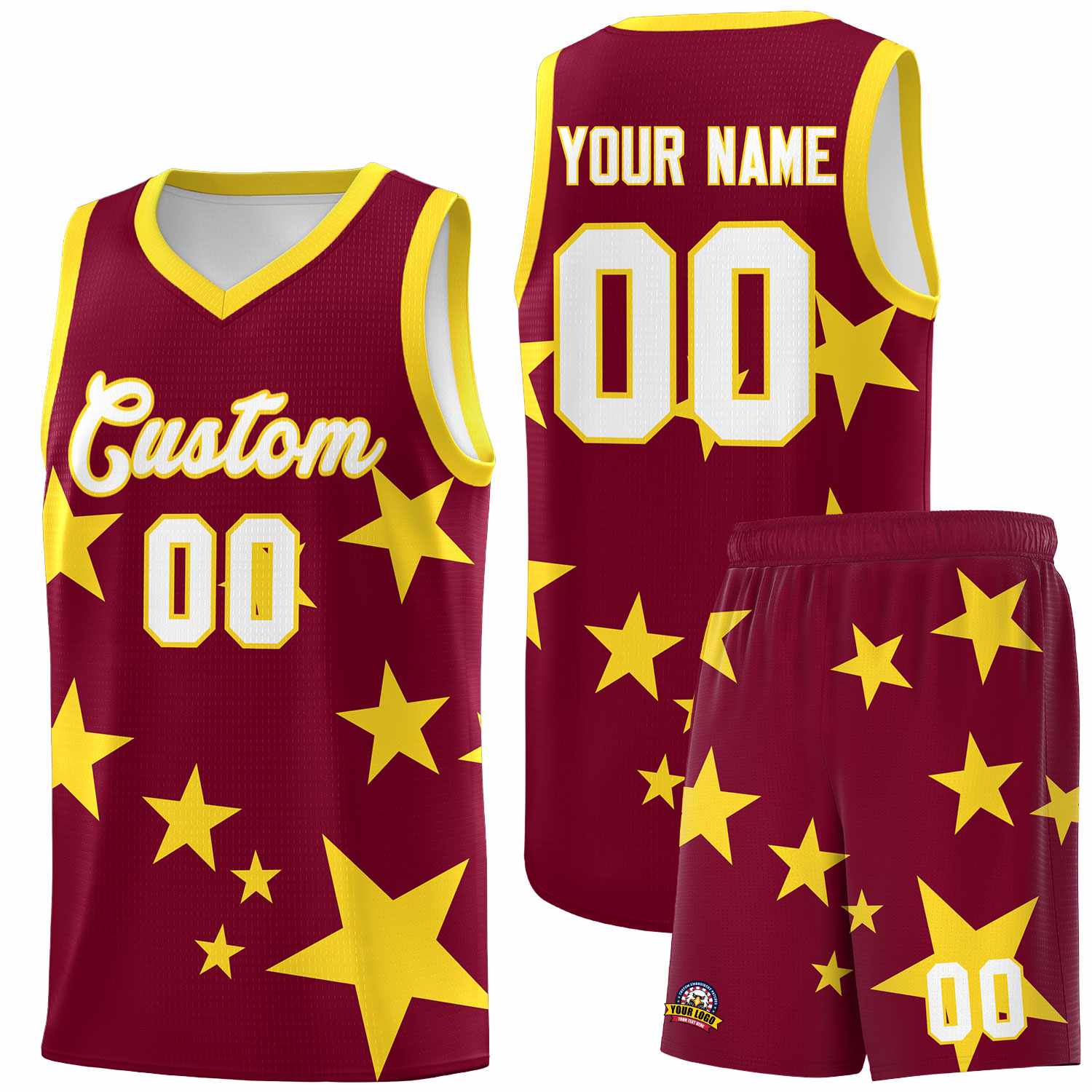 Custom Crimson Gold Graffiti Pattern Star Print Basketball Jersey Sets