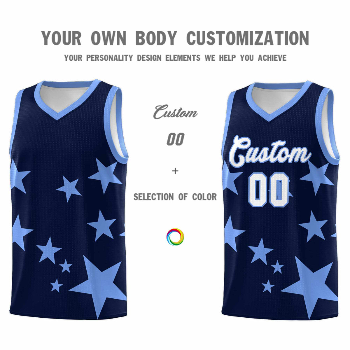 Custom Navy Light Blue Graffiti Pattern Star Print Basketball Jersey Sets