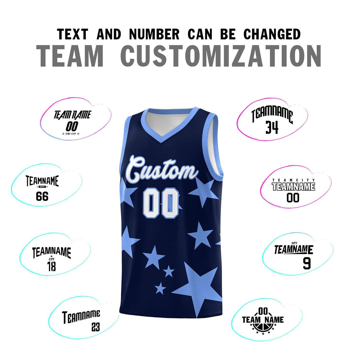 Custom Navy Light Blue Graffiti Pattern Star Print Basketball Jersey Sets