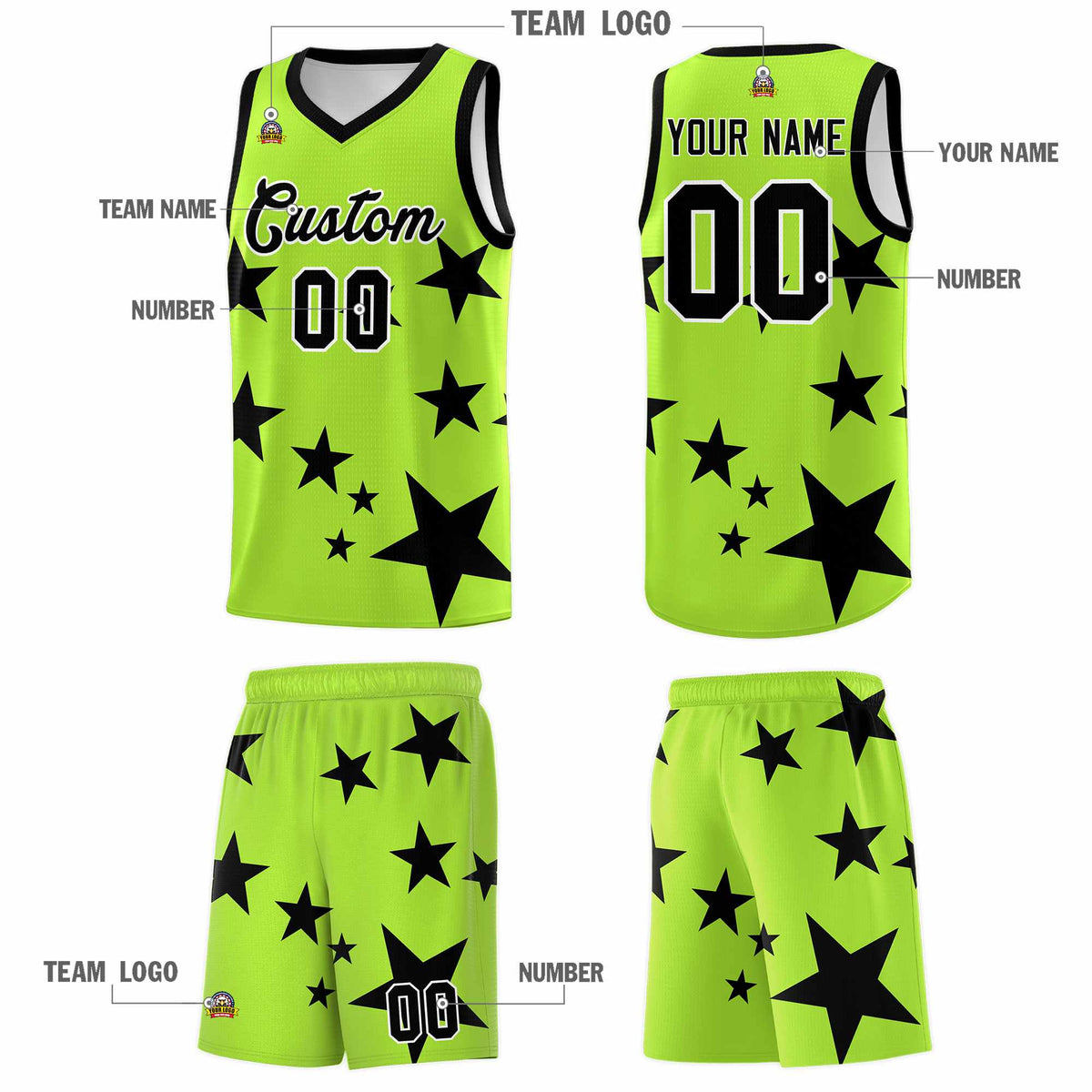 Custom Light Green Black Graffiti Pattern Star Print Basketball Jersey Sets