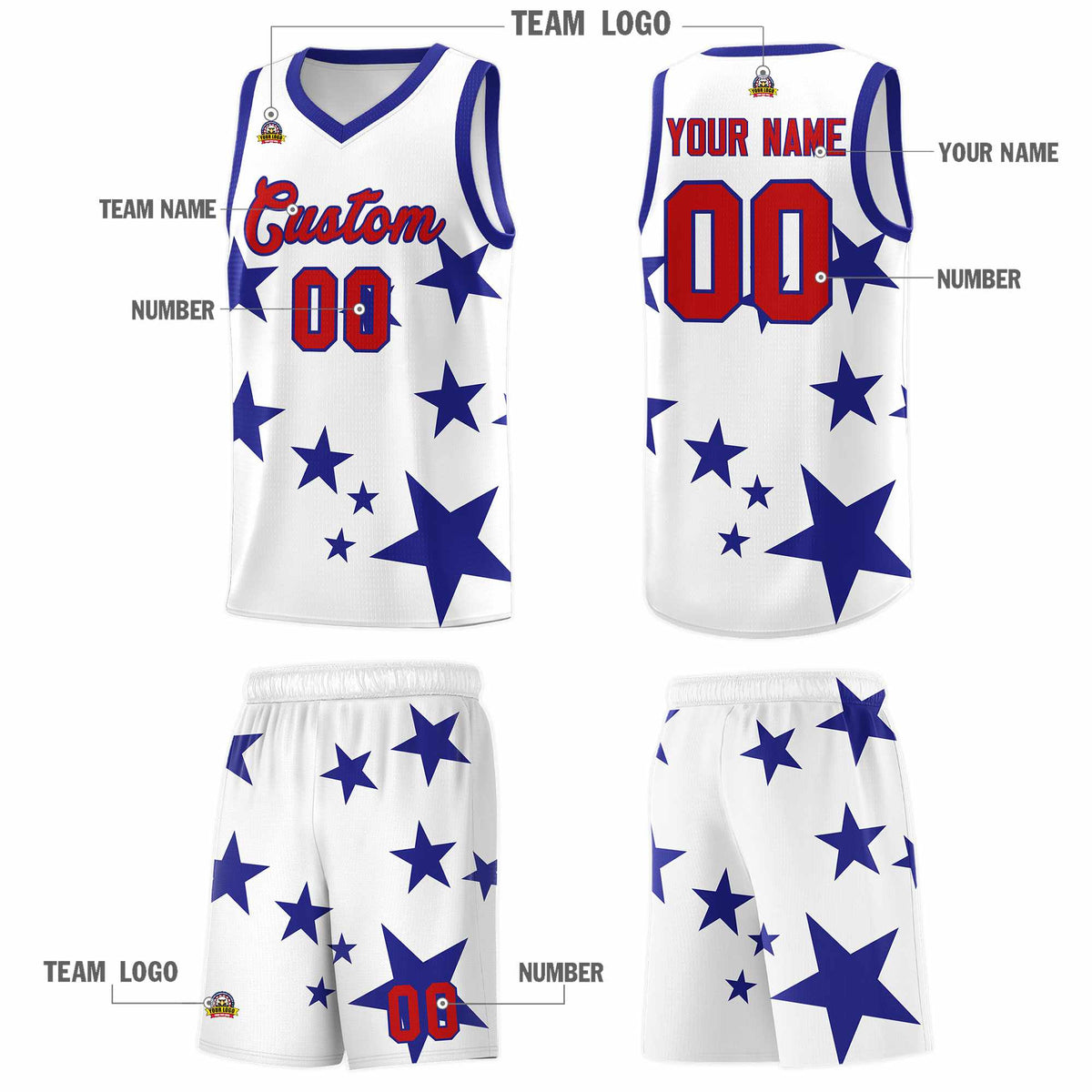 Custom White Royal Graffiti Pattern Star Print Basketball Jersey Sets