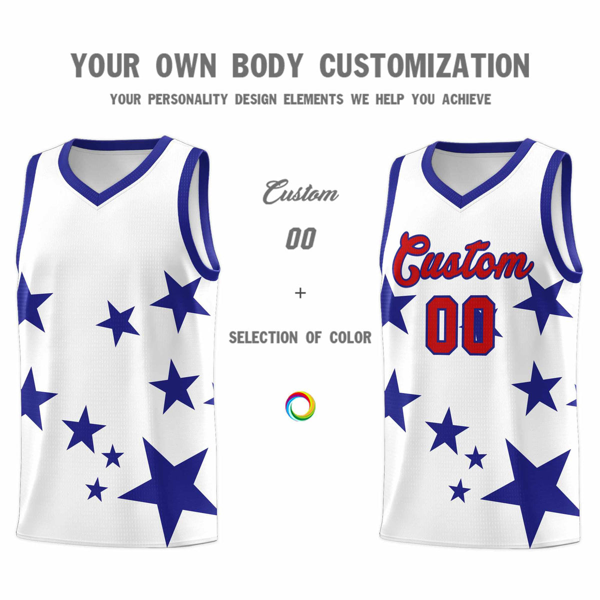 Custom White Royal Graffiti Pattern Star Print Basketball Jersey Sets
