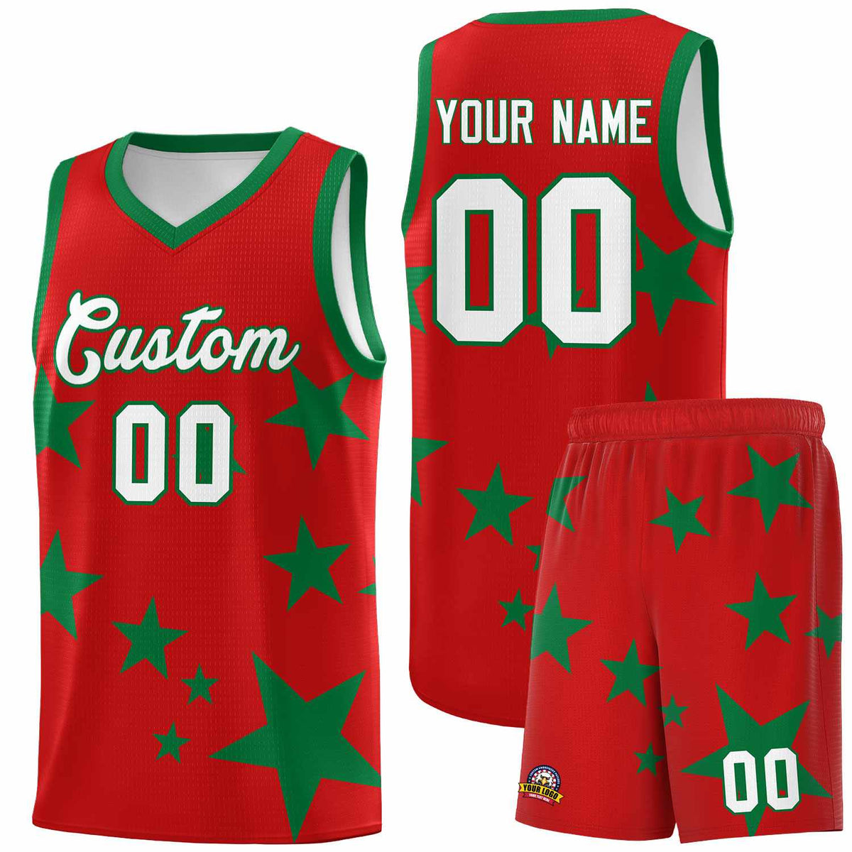 Custom Red Kelly Green Graffiti Pattern Star Print Basketball Jersey Sets