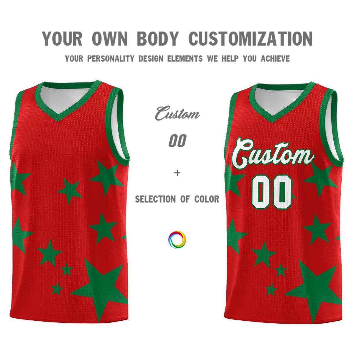Custom Red Kelly Green Graffiti Pattern Star Print Basketball Jersey Sets