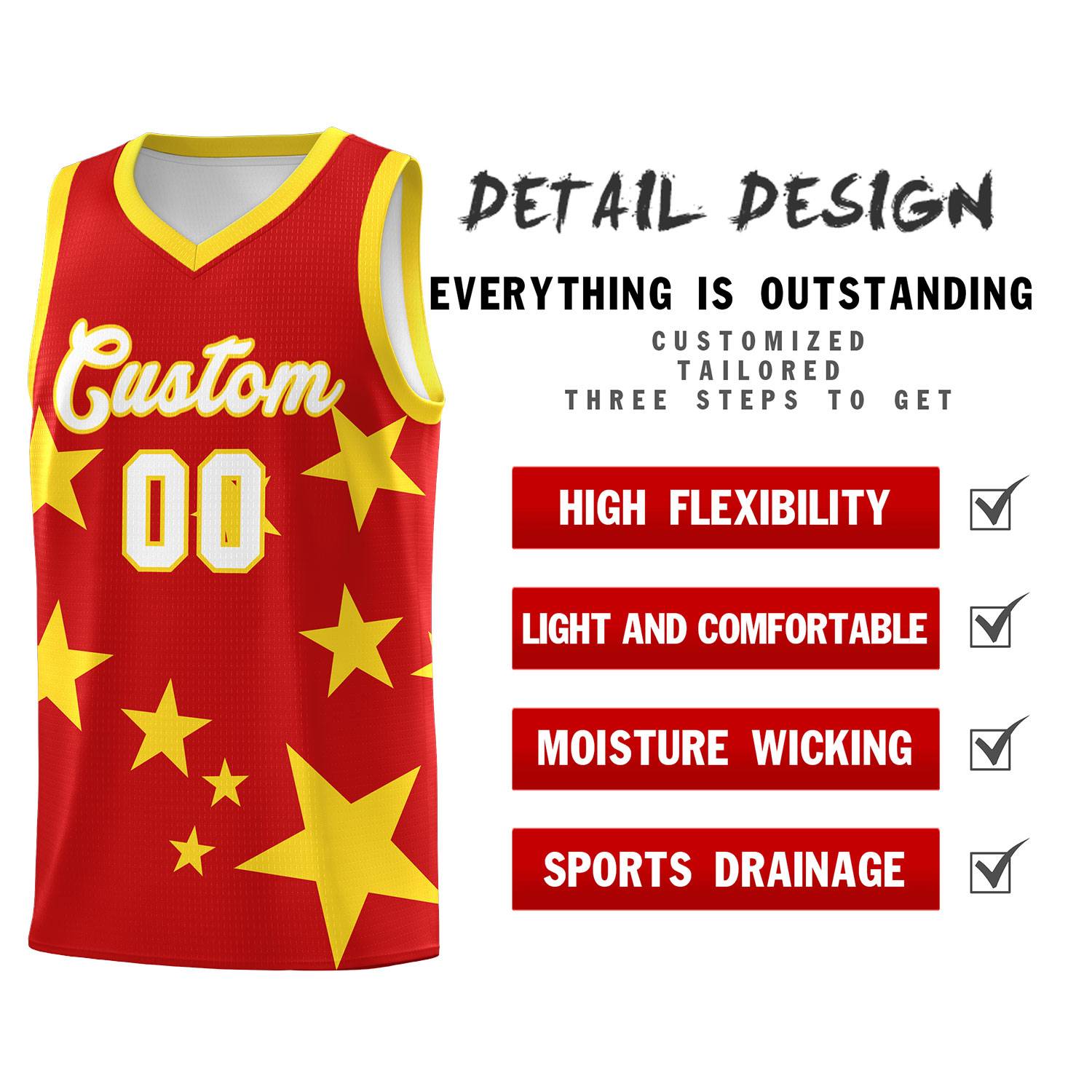 Custom Red Gold Graffiti Pattern Star Print Basketball Jersey Sets