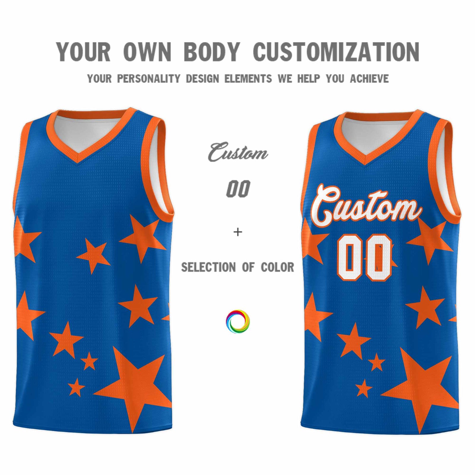 Custom Royal Orange Graffiti Pattern Star Print Basketball Jersey Sets