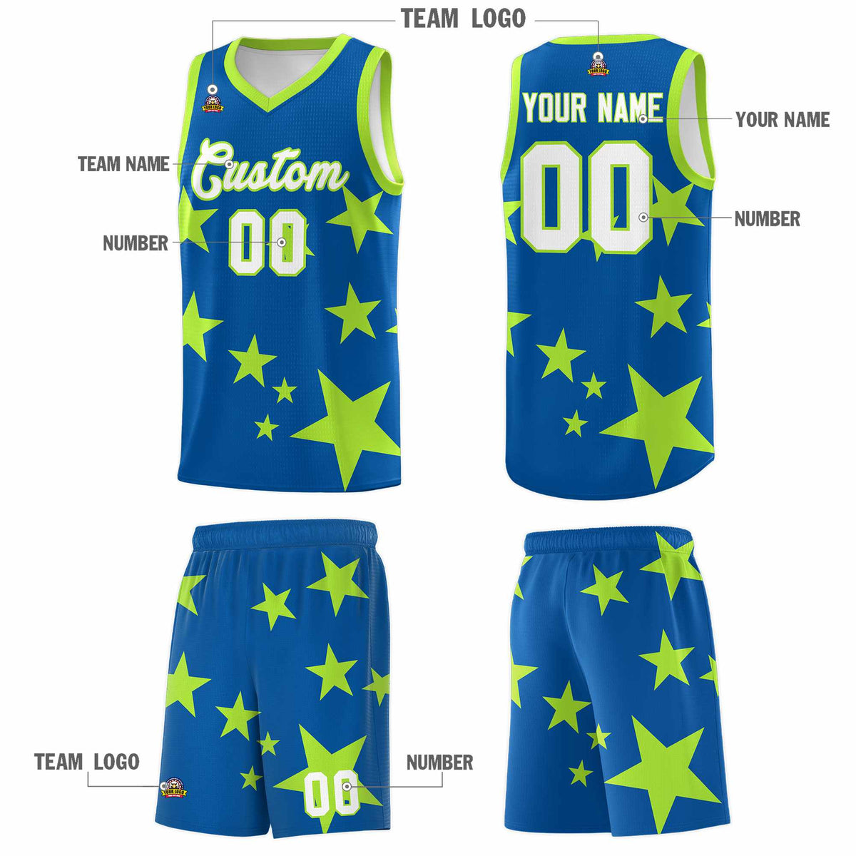 Custom Royal Light Green Graffiti Pattern Star Print Basketball Jersey Sets