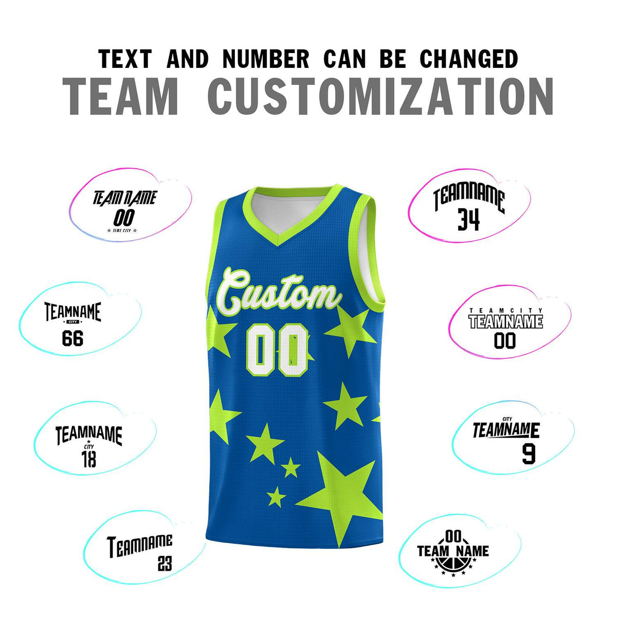Custom Royal Light Green Graffiti Pattern Star Print Basketball Jersey Sets