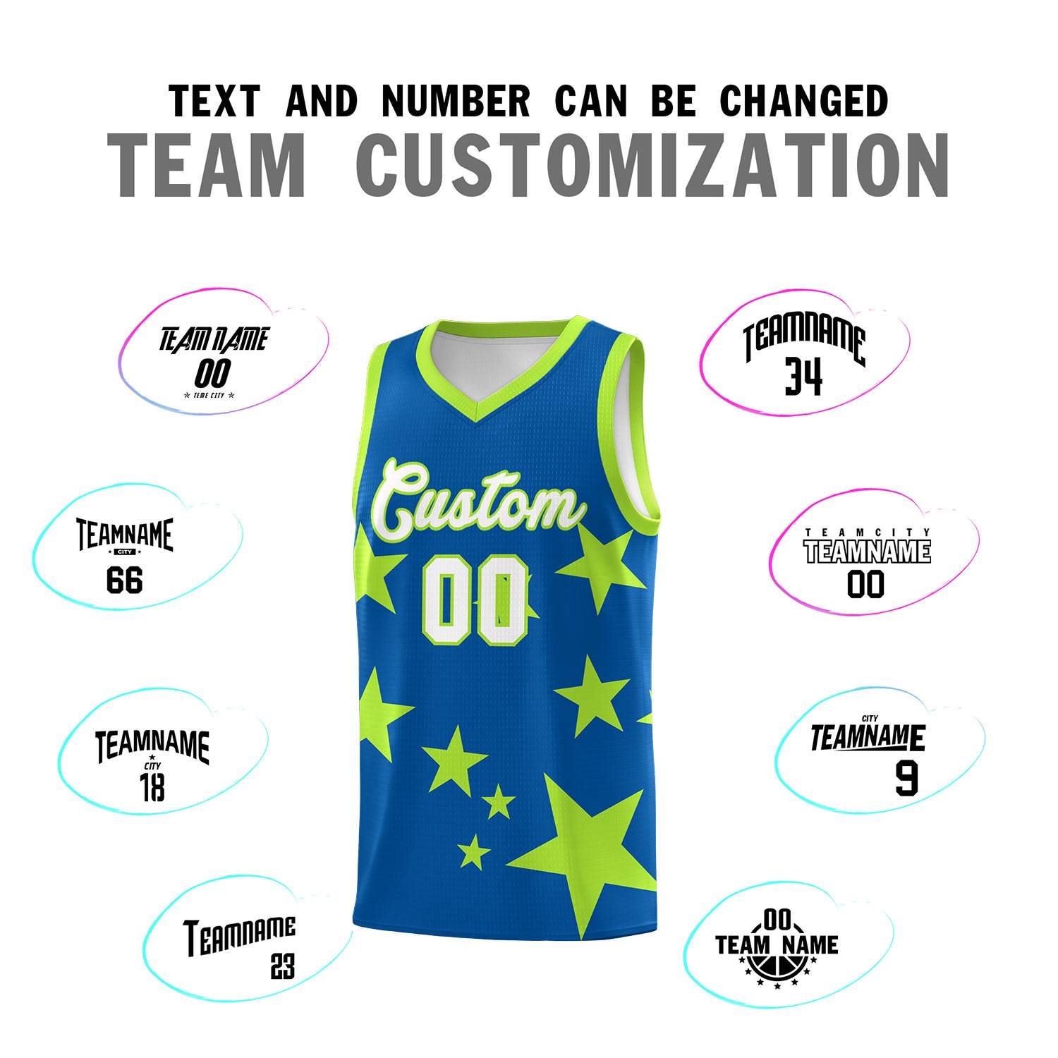 Custom Royal Light Green Graffiti Pattern Star Print Basketball Jersey Sets