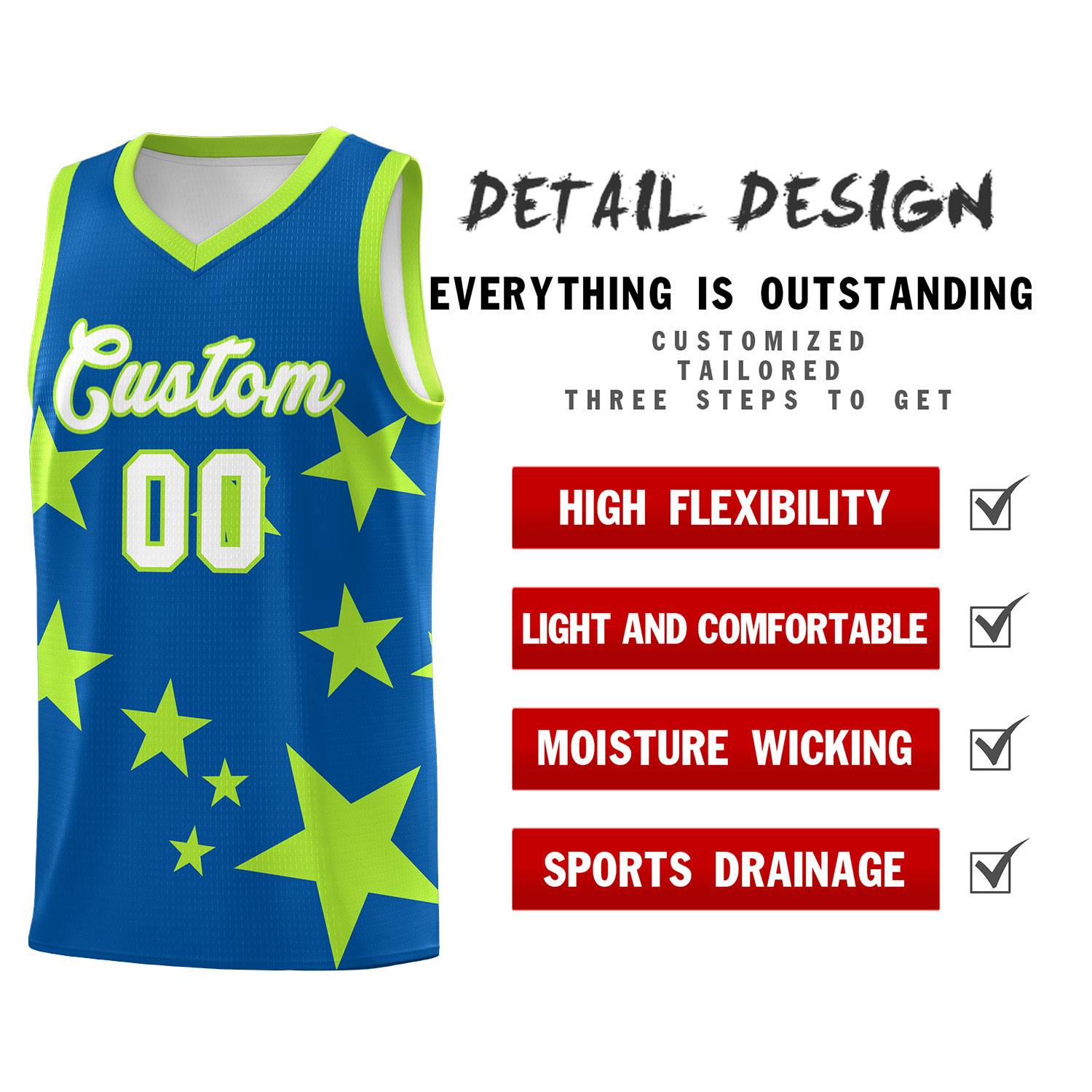 Custom Royal Light Green Graffiti Pattern Star Print Basketball Jersey Sets