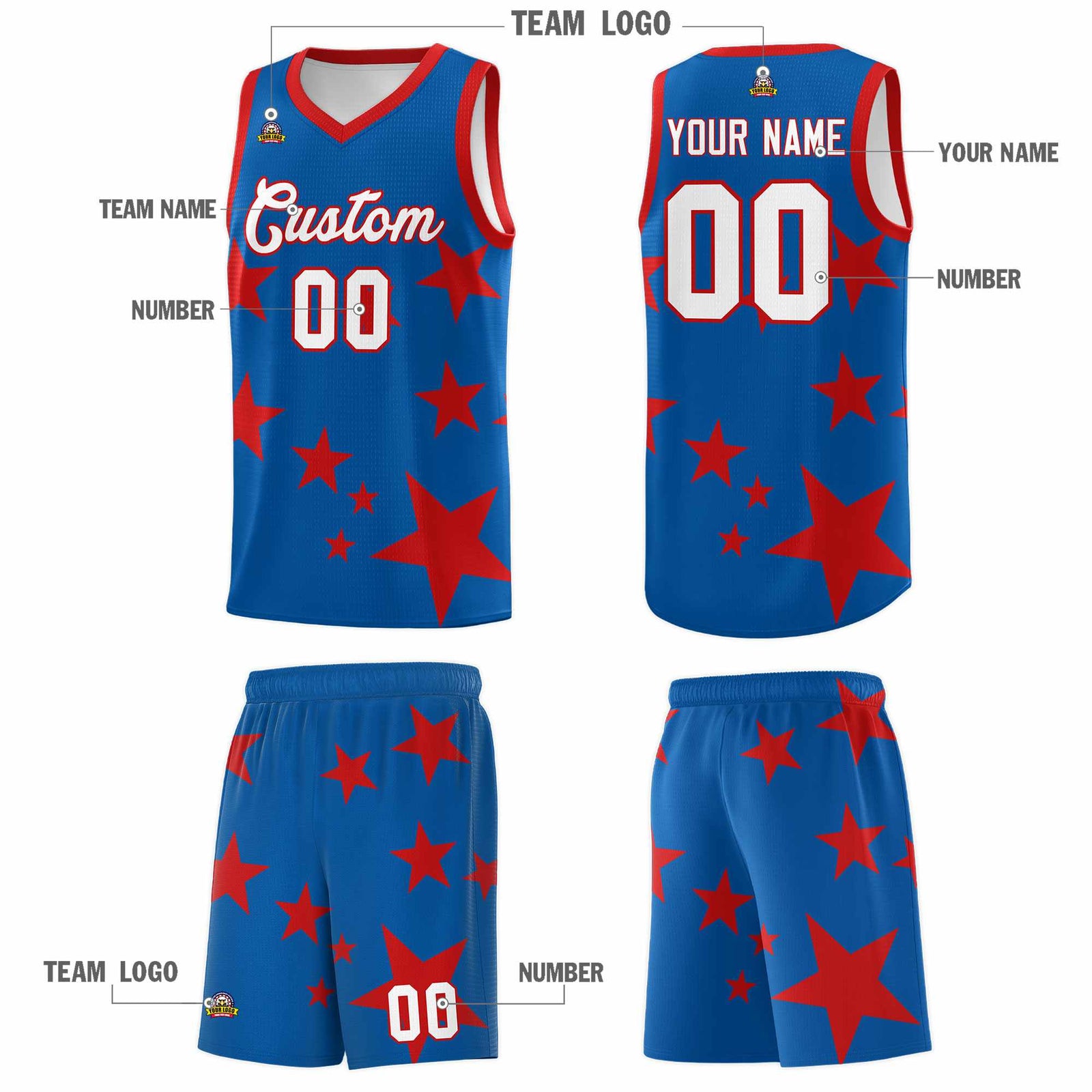 Custom Royal Red Graffiti Pattern Star Print Basketball Jersey Sets