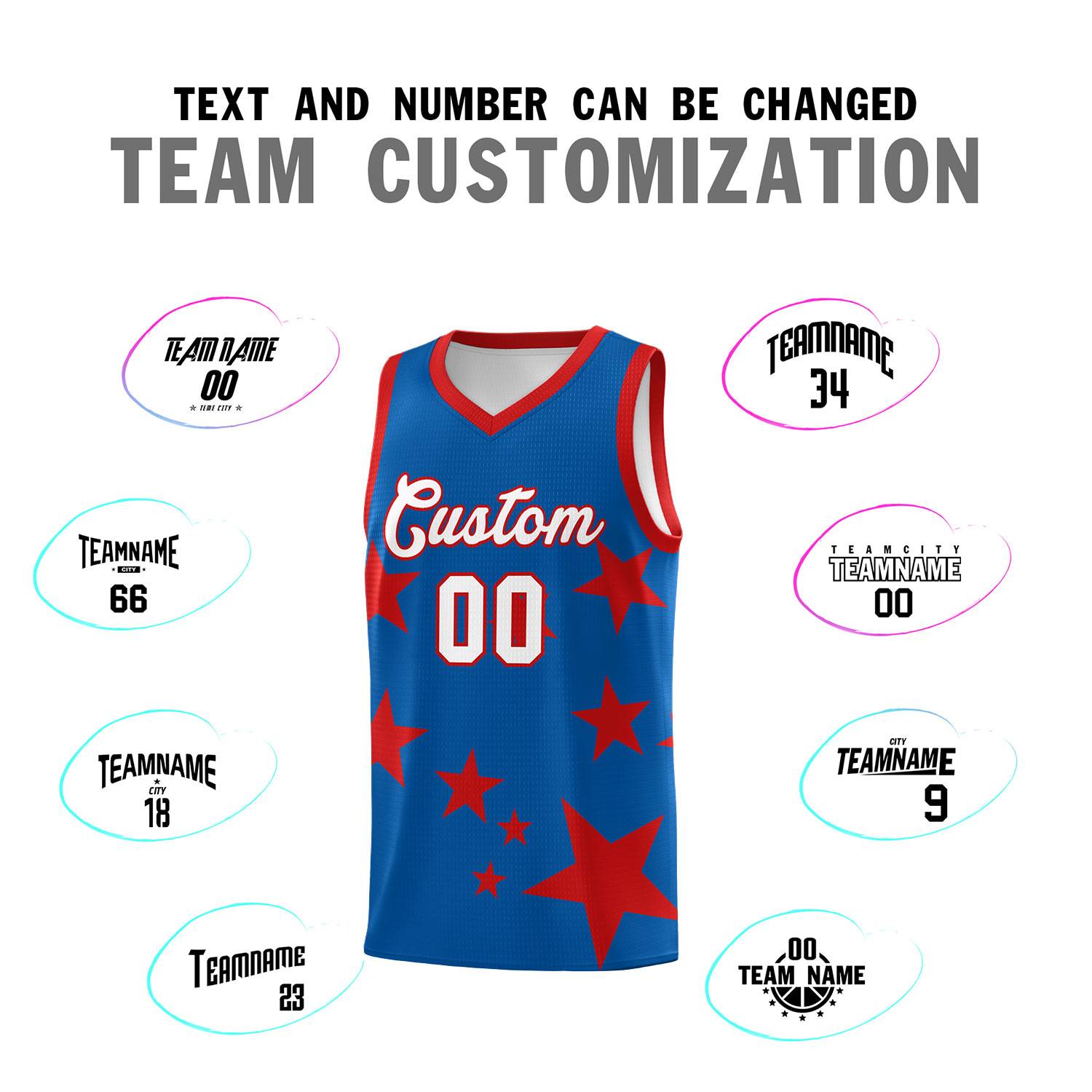 Custom Royal Red Graffiti Pattern Star Print Basketball Jersey Sets