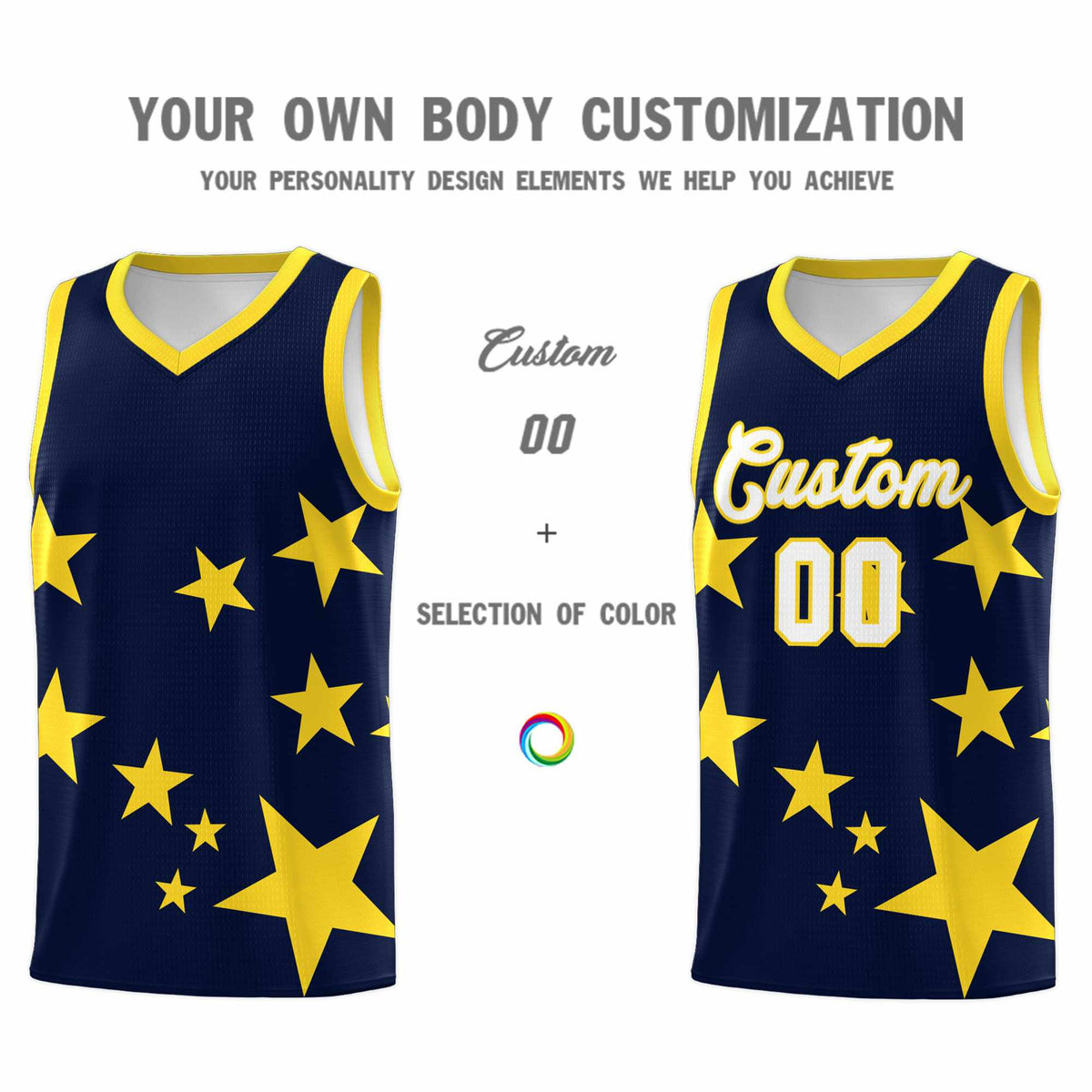 Custom Navy Gold Graffiti Pattern Star Print Basketball Jersey Sets
