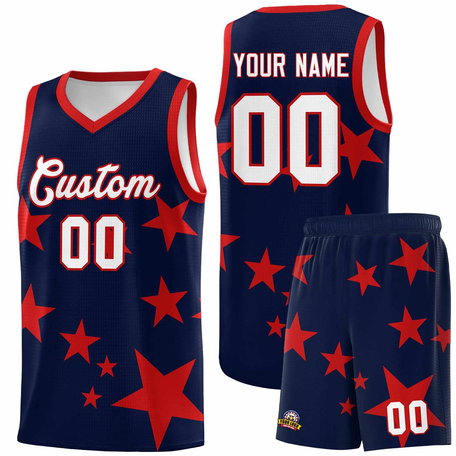 Custom Navy Red Graffiti Pattern Star Print Basketball Jersey Sets