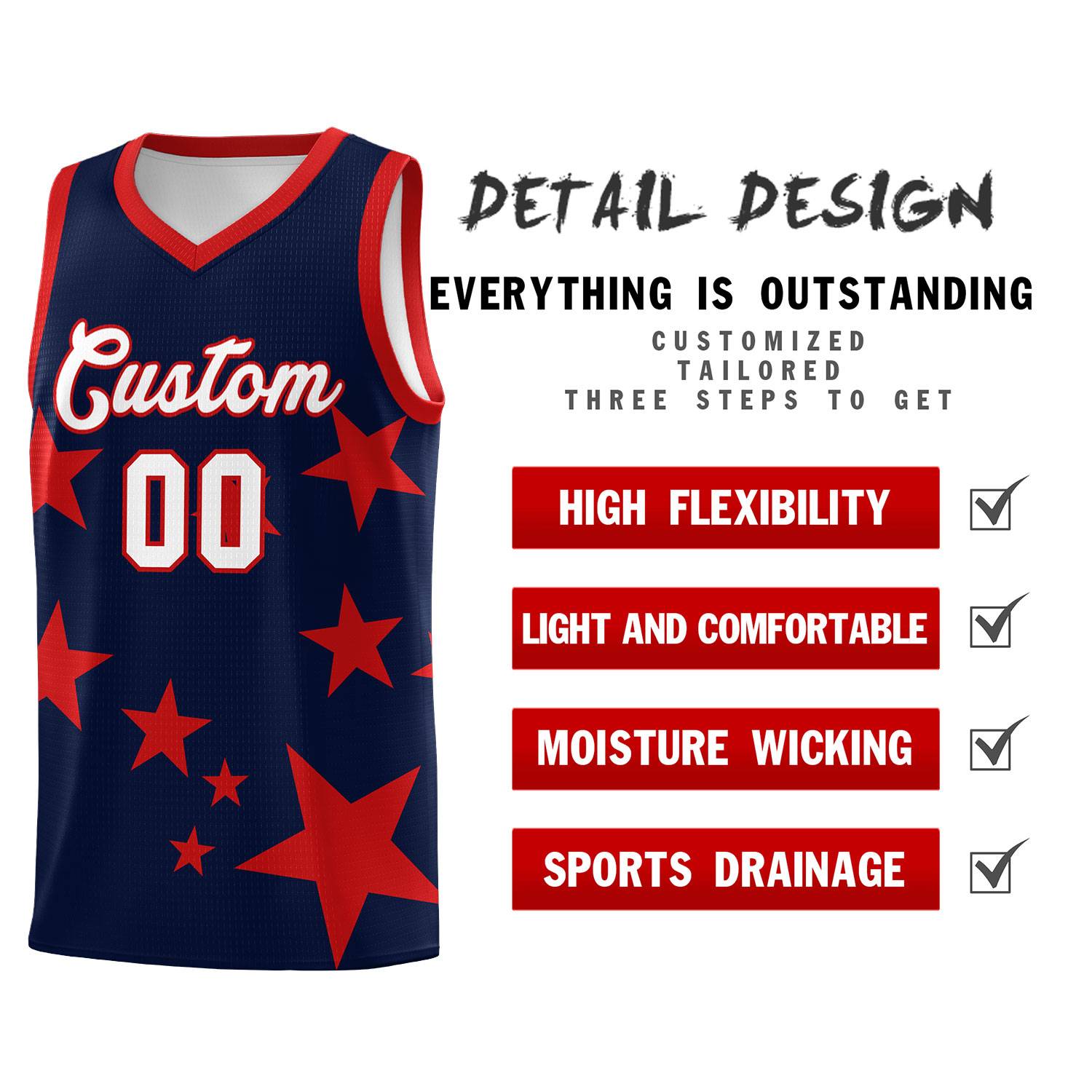 Custom Navy Red Graffiti Pattern Star Print Basketball Jersey Sets