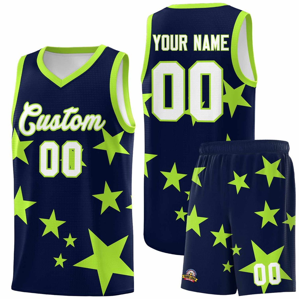 Custom Navy Light Green Graffiti Pattern Star Print Basketball Jersey Sets