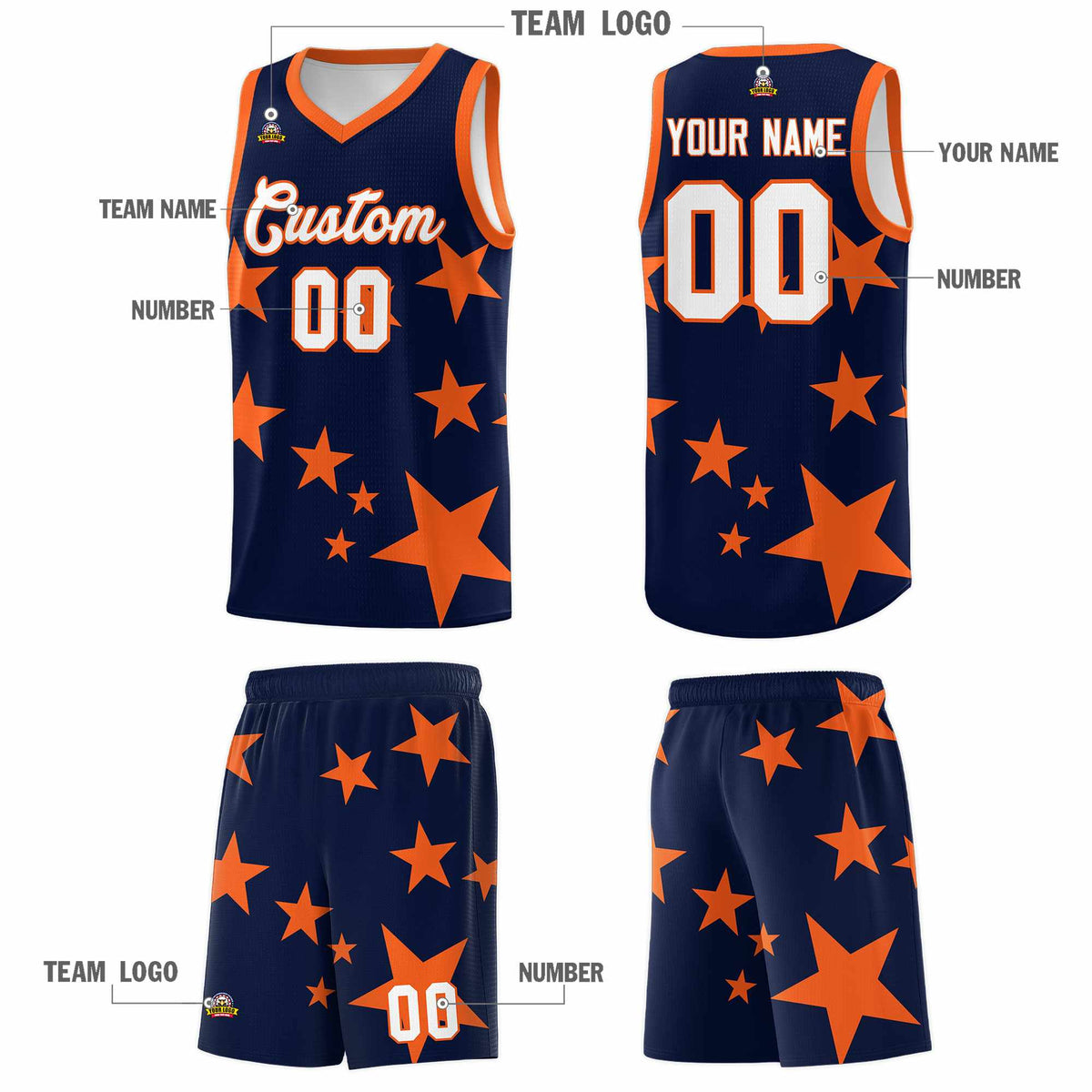 Custom Navy Orange Graffiti Pattern Star Print Basketball Jersey Sets