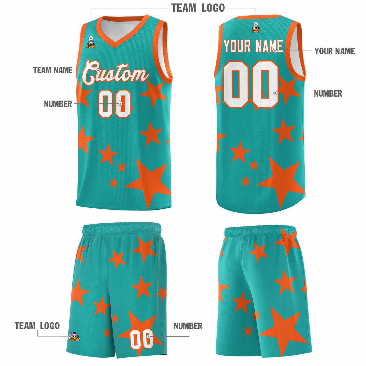 Custom Aqua Orange Graffiti Pattern Star Print Basketball Jersey Sets