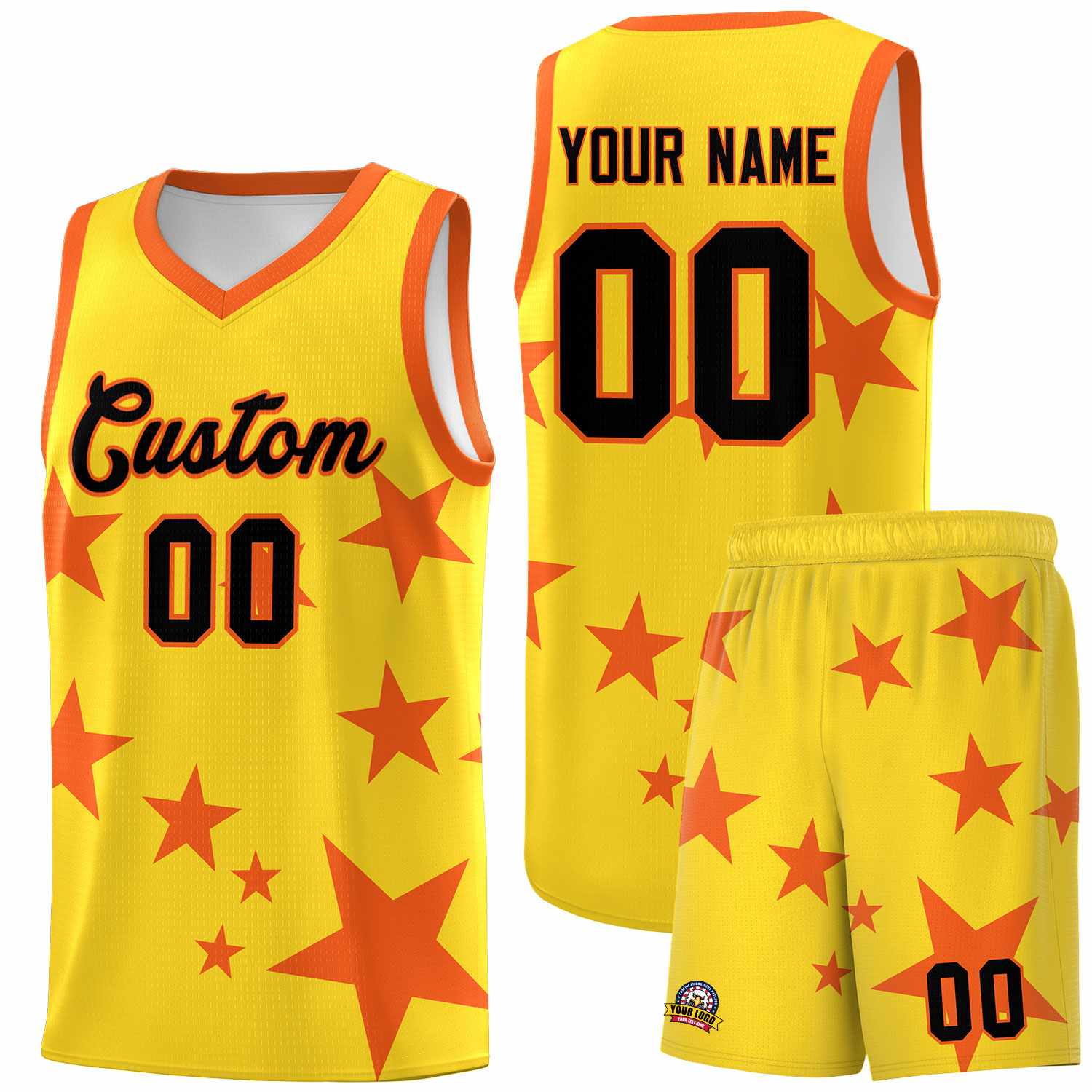 Custom Gold Orange Graffiti Pattern Star Print Basketball Jersey Sets