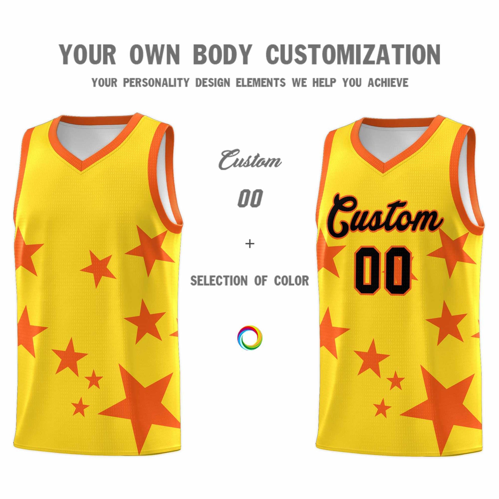 Custom Gold Orange Graffiti Pattern Star Print Basketball Jersey Sets