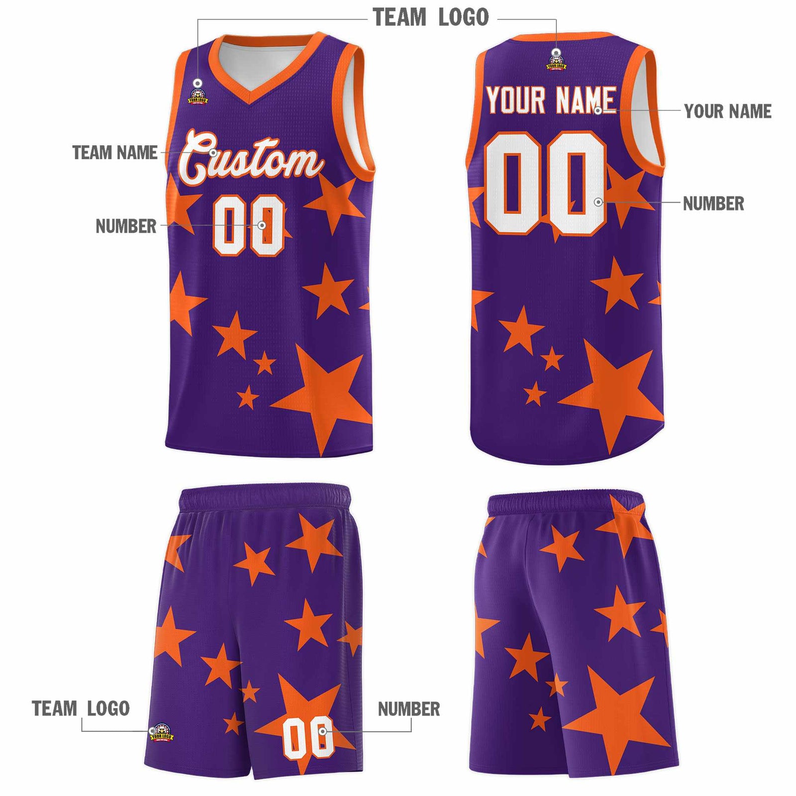 Custom Purple Orange Graffiti Pattern Star Print Basketball Jersey Sets