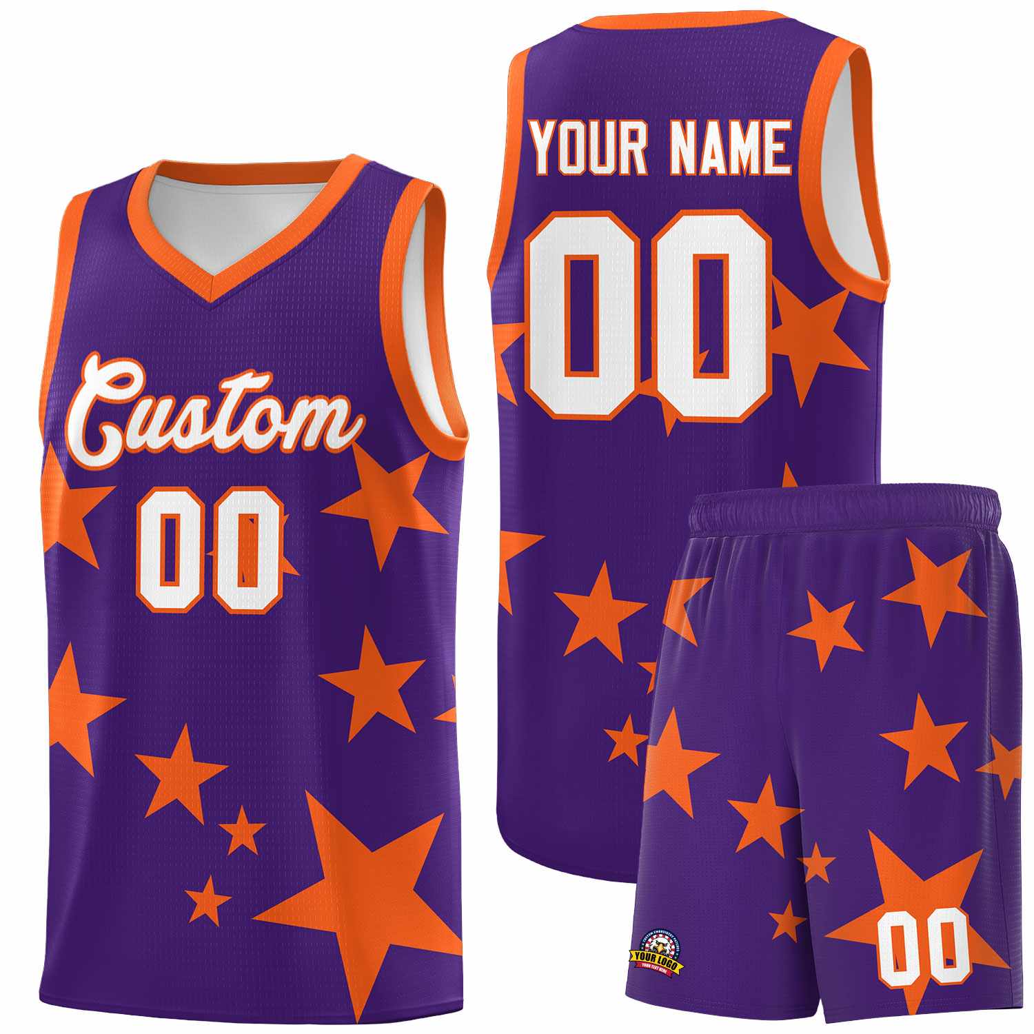 Custom Purple Orange Graffiti Pattern Star Print Basketball Jersey Sets