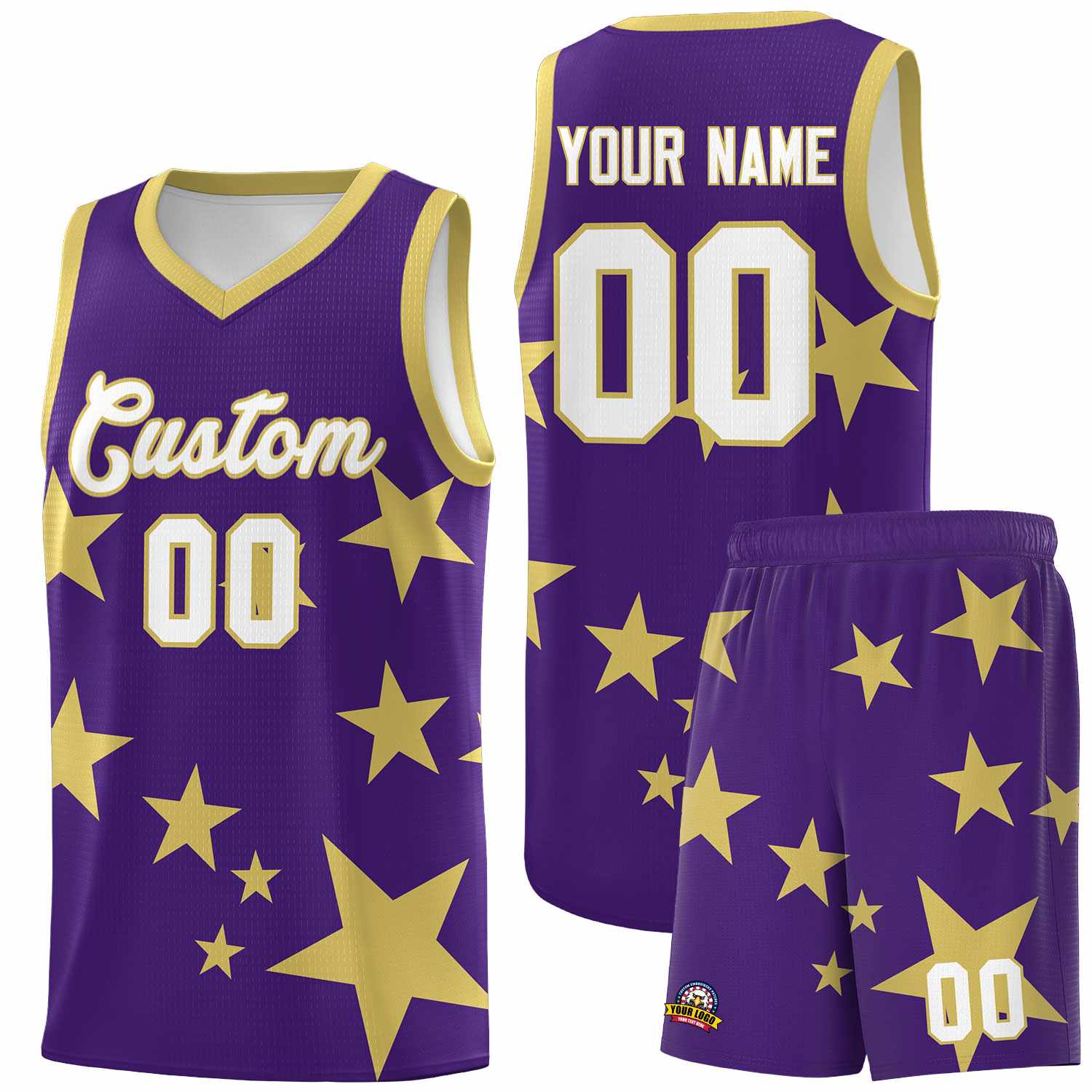 Custom Purple Old Gold Graffiti Pattern Star Print Basketball Jersey Sets