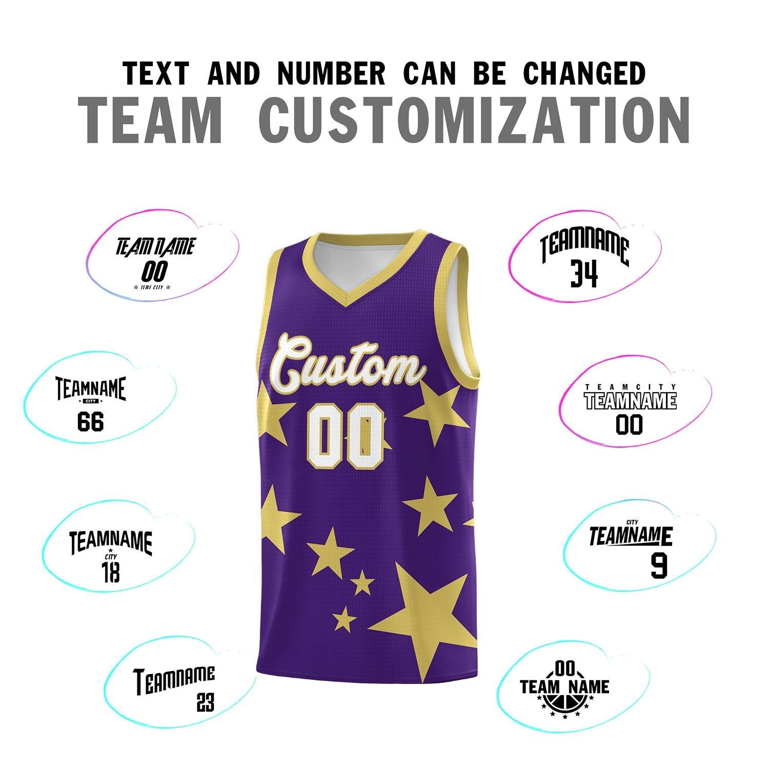 Custom Purple Old Gold Graffiti Pattern Star Print Basketball Jersey Sets