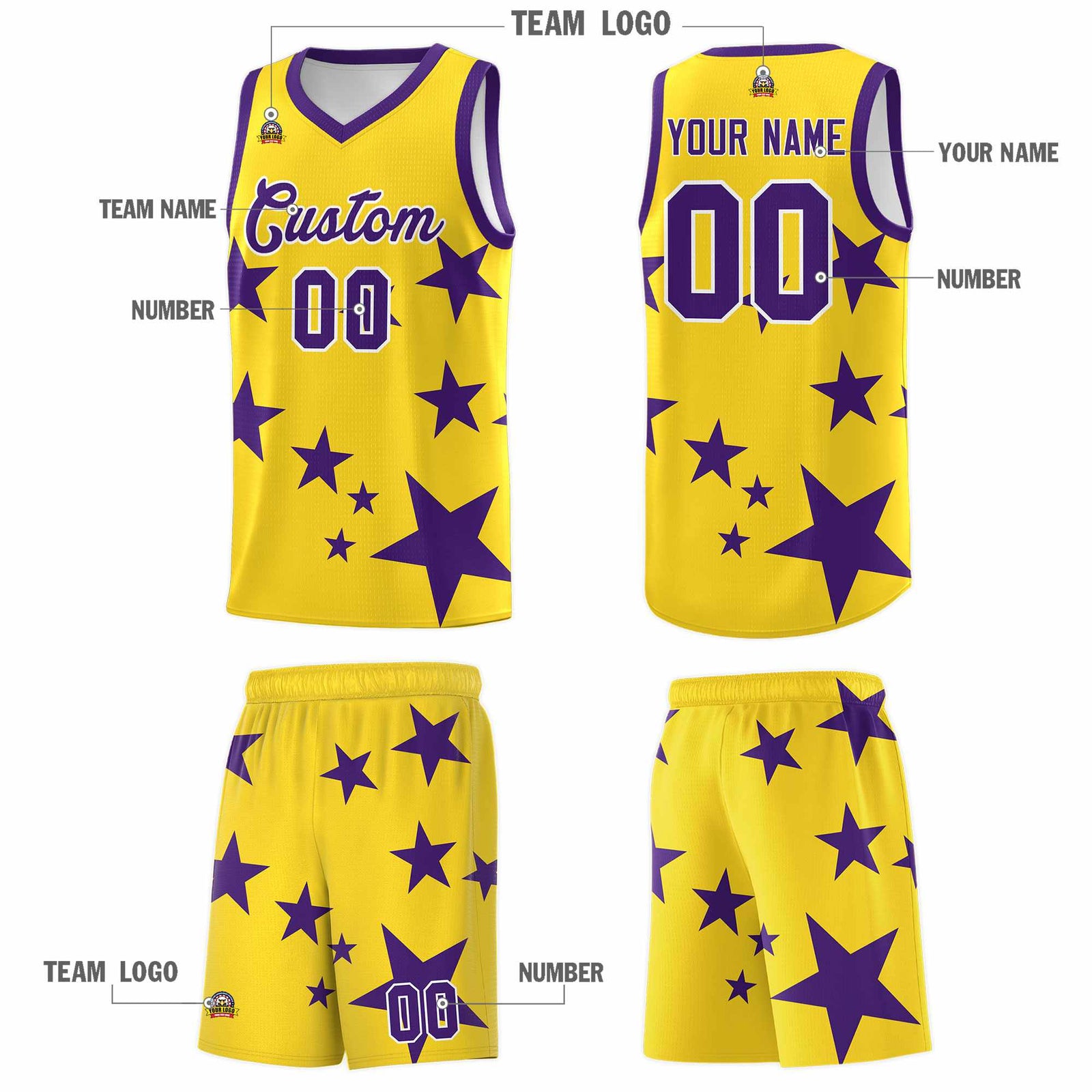 Custom Gold Purple Graffiti Pattern Star Print Basketball Jersey Sets