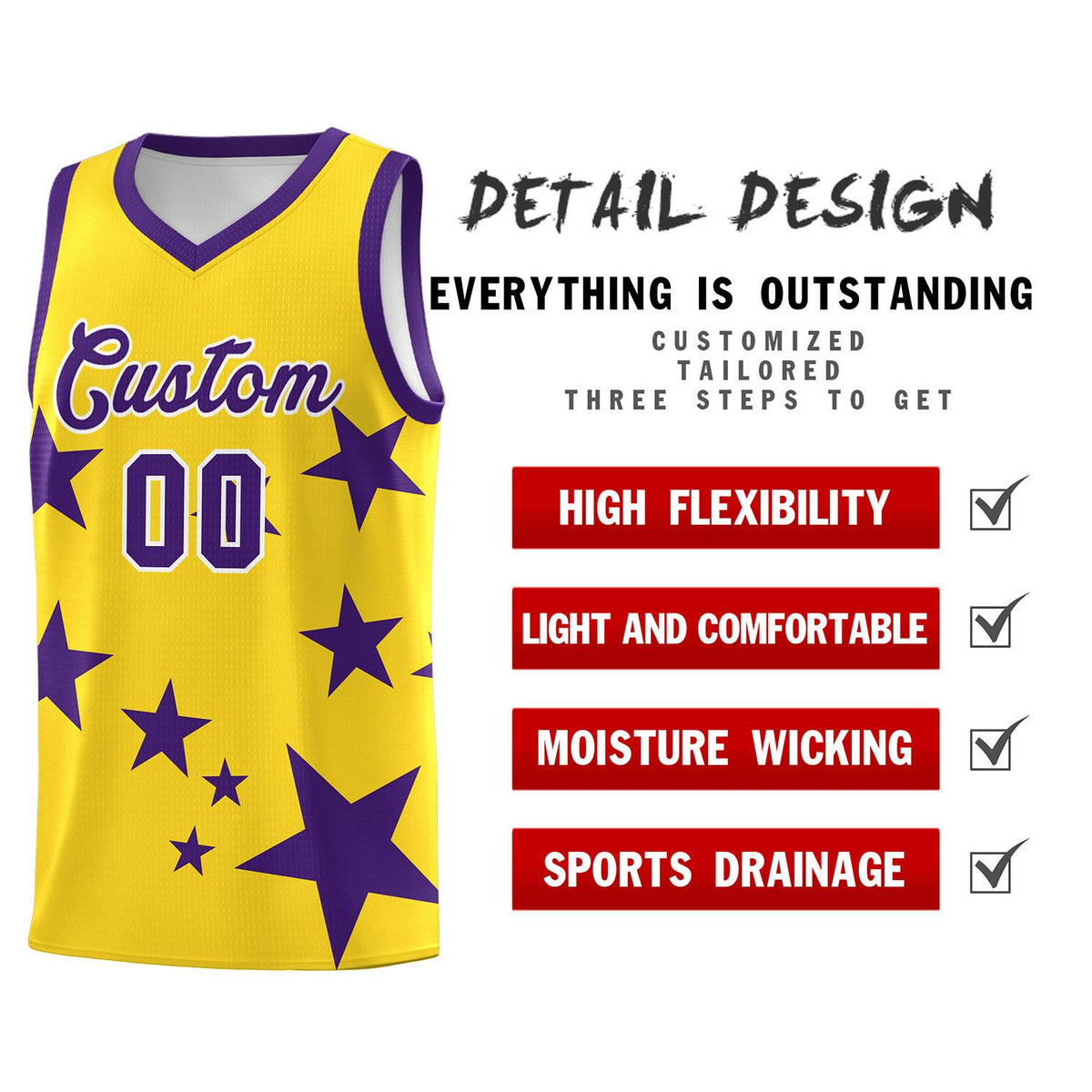 Custom Gold Purple Graffiti Pattern Star Print Basketball Jersey Sets