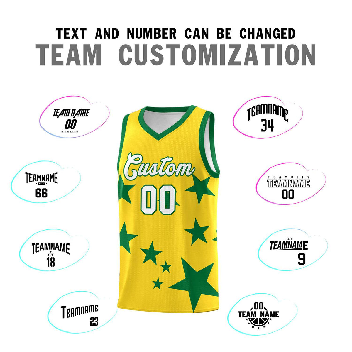 Custom Gold Kelly Green Graffiti Pattern Star Print Basketball Jersey Sets