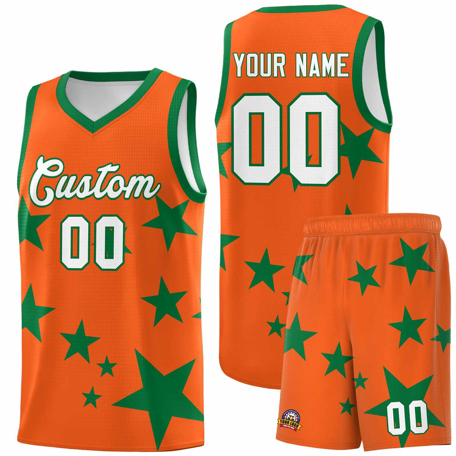 Custom Orange Kelly Green Graffiti Pattern Star Print Basketball Jersey Sets