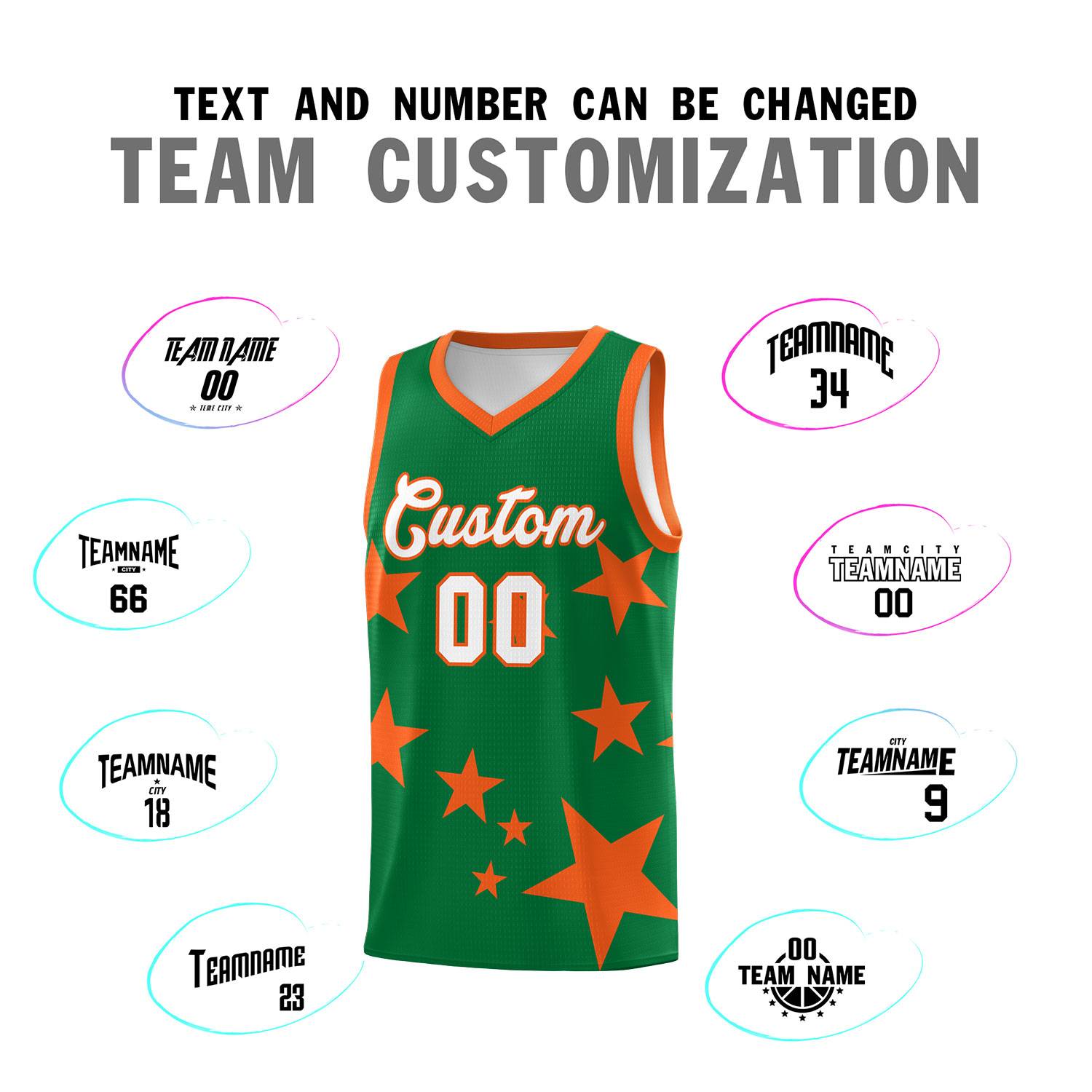Custom Kelly Green Orange Graffiti Pattern Star Print Basketball Jersey Sets
