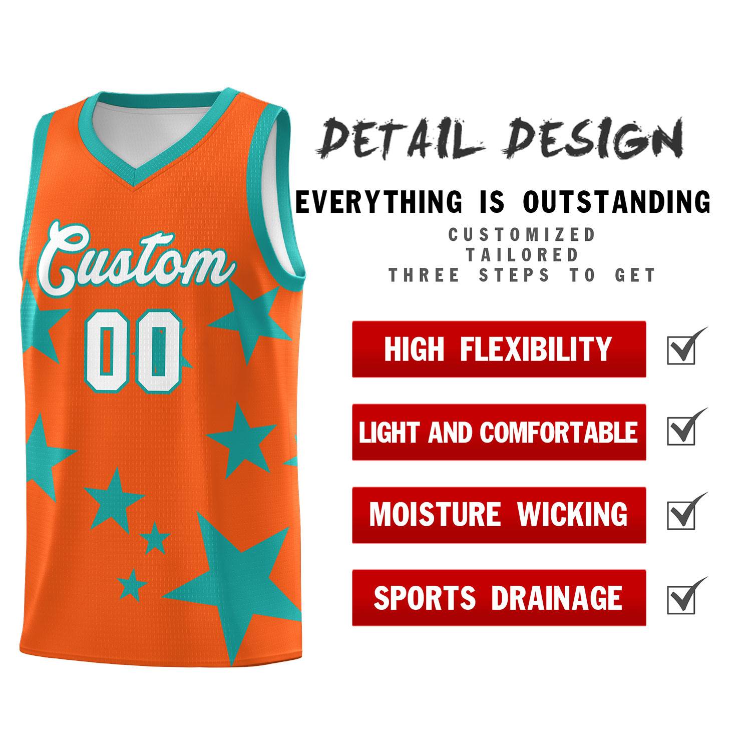 Custom Orange Aqua Graffiti Pattern Star Print Basketball Jersey Sets