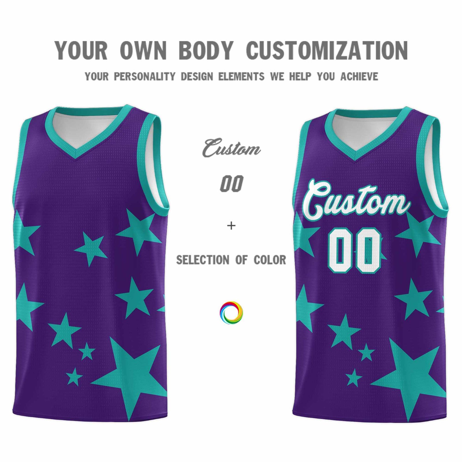 Custom Purple Aqua Graffiti Pattern Star Print Basketball Jersey Sets