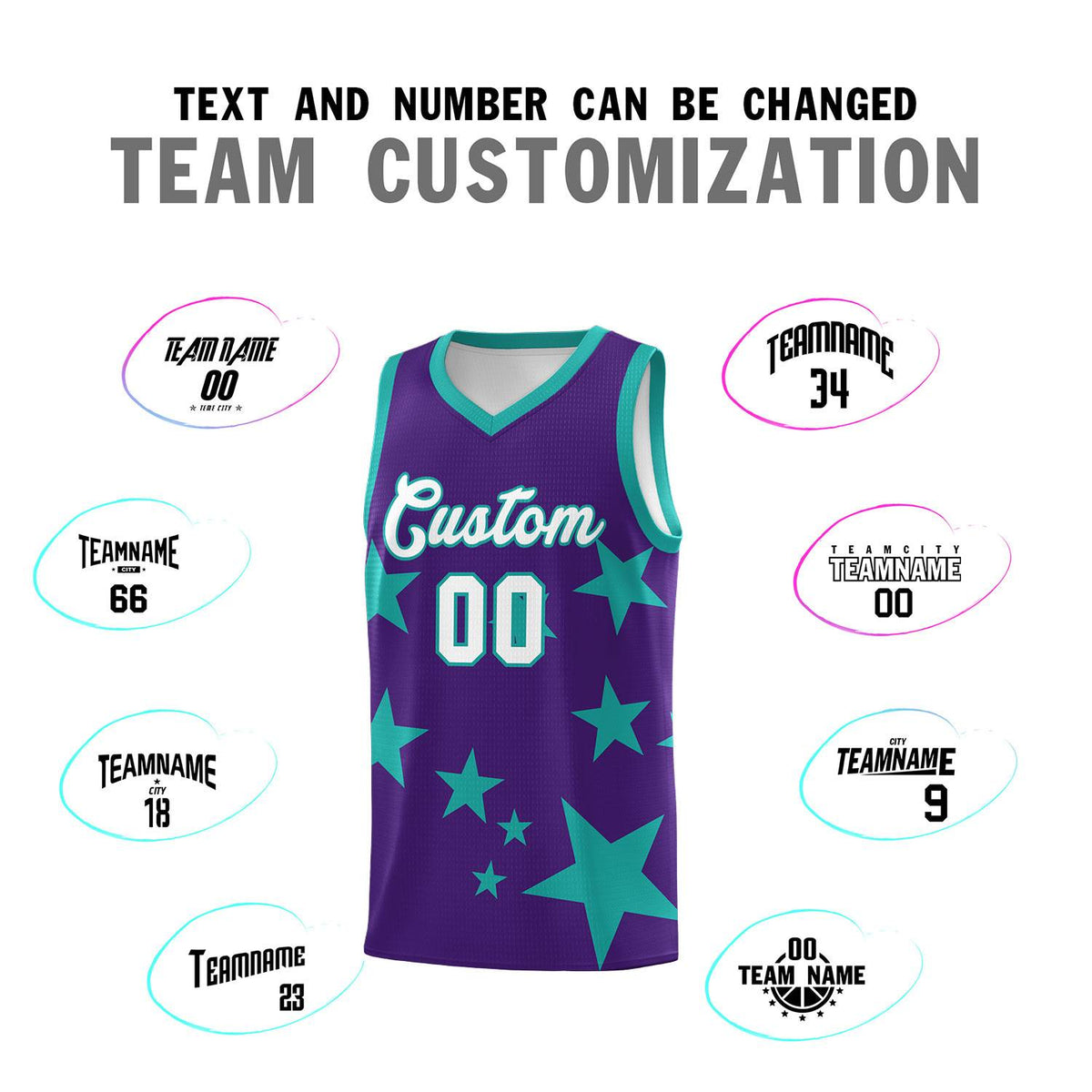 Custom Purple Aqua Graffiti Pattern Star Print Basketball Jersey Sets