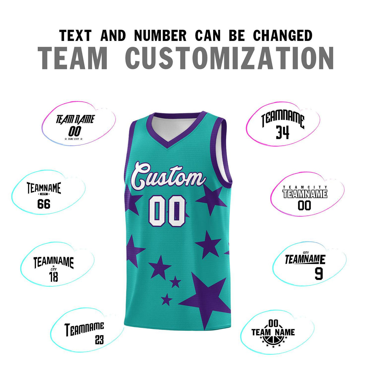 Custom Aqua Purple Graffiti Pattern Star Print Basketball Jersey Sets